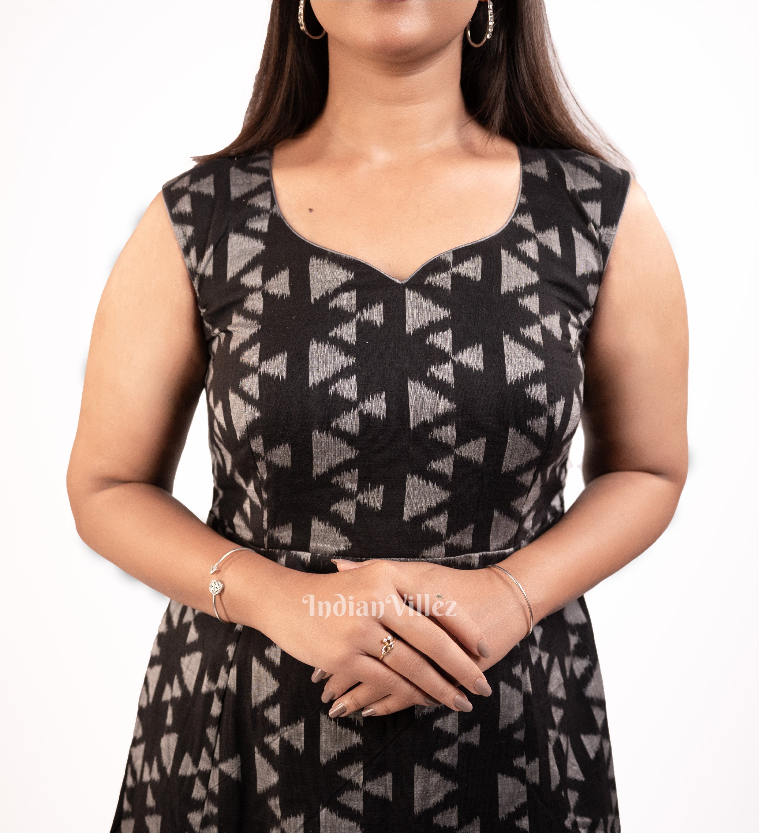 IndianVillèz Deep Black Sambalpuri Ikat Cotton Long Gown Kurti for Women - view 3