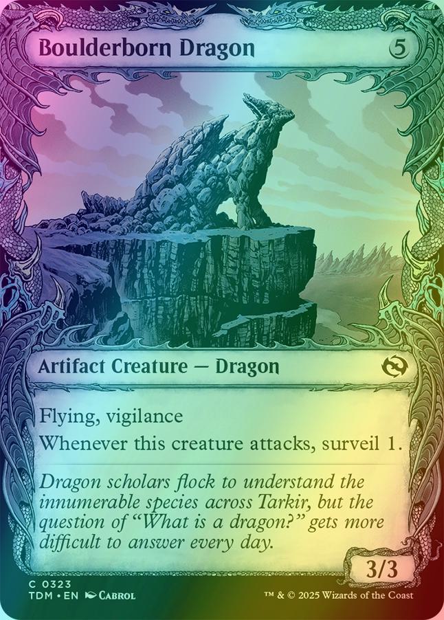 Boulderborn dragon 323 – Magic Boulderborn Dragon [323] [Draconic Frame Showcase] [Tarkir: Dragonstorm] [Foil]