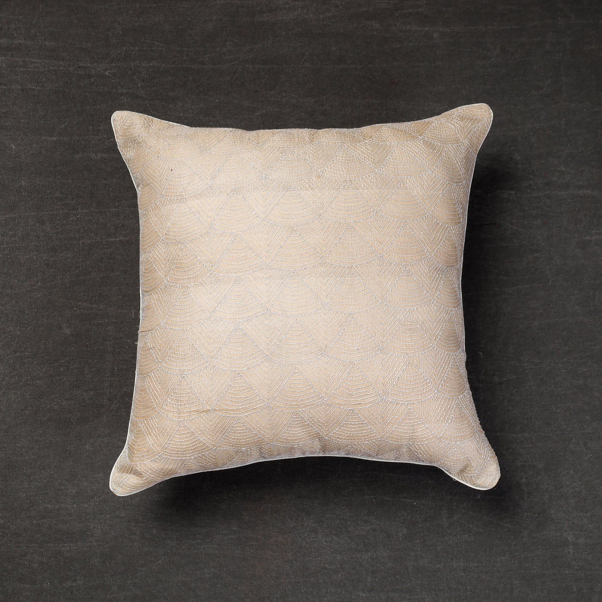 NOORI BAZAR Beige - Bengal Kantha Embroidery Tussar Silk Cushion Cover (16 x 16 in)