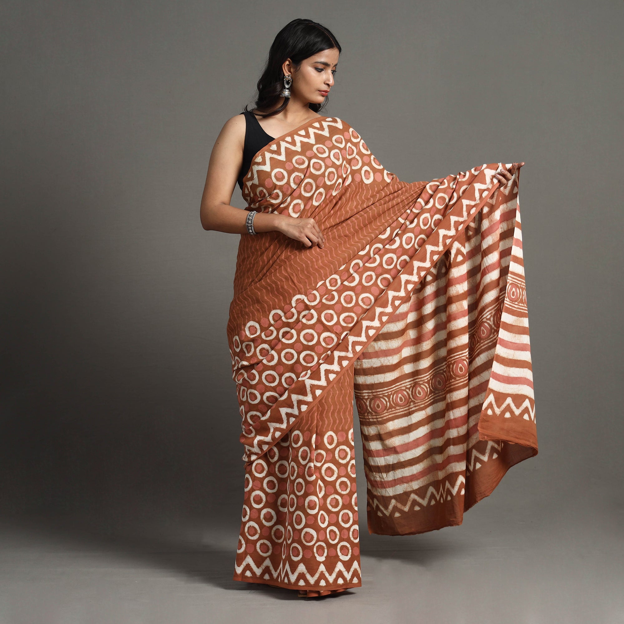 ARTISAN HAND BLOCK PRINTS Brown - Bagru Dabu Block Printed Mul Cotton Saree - view 2