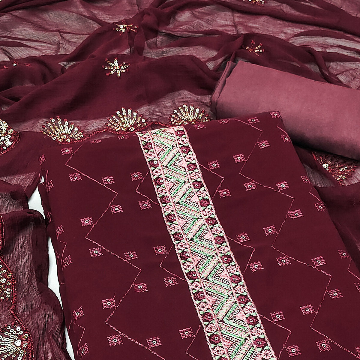 Peachmode Maroon Sequins Embroidered Georgette Dress Material - view 2
