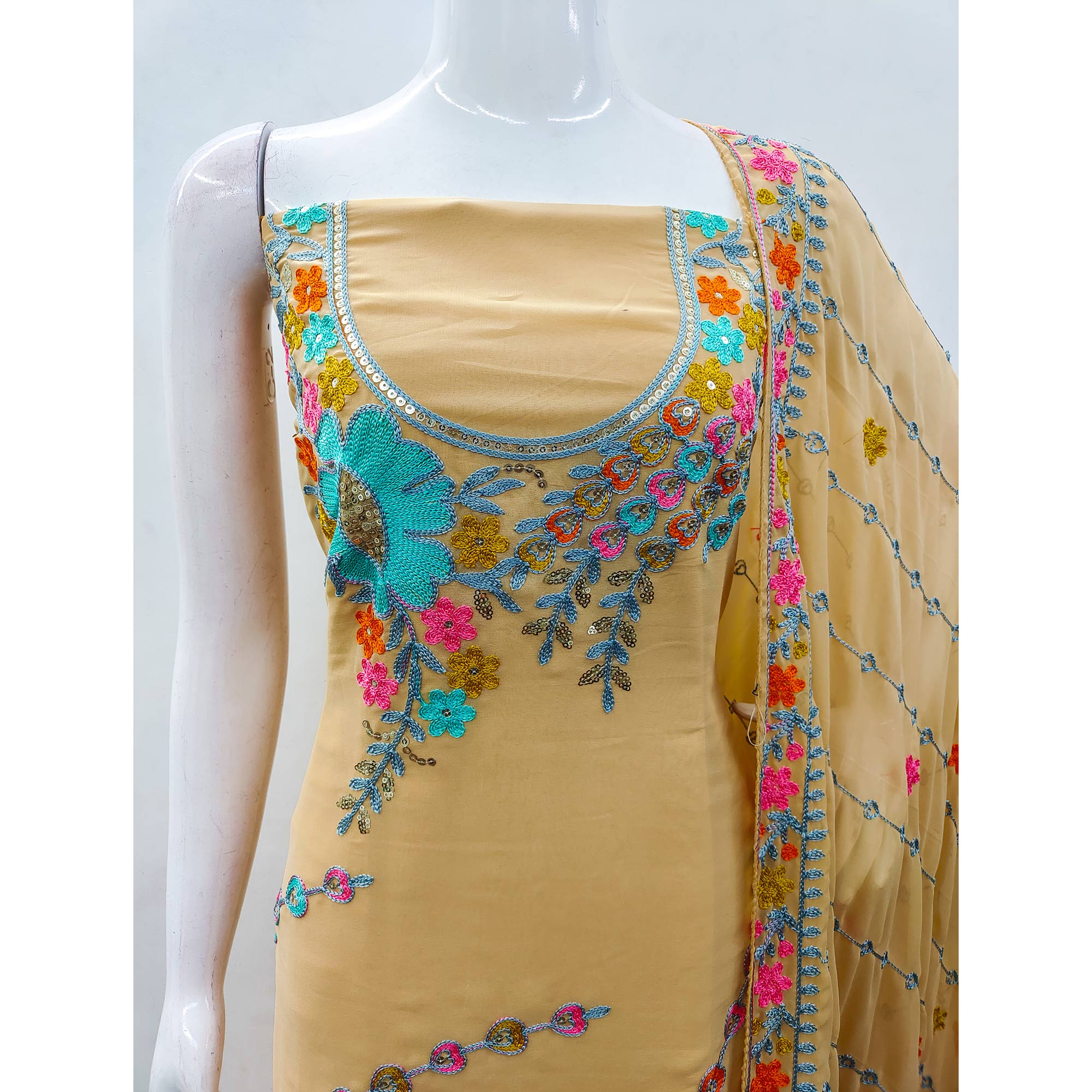 Peachmode Chikoo Floral Sequins Embroidered Georgette Dress Material - view 6