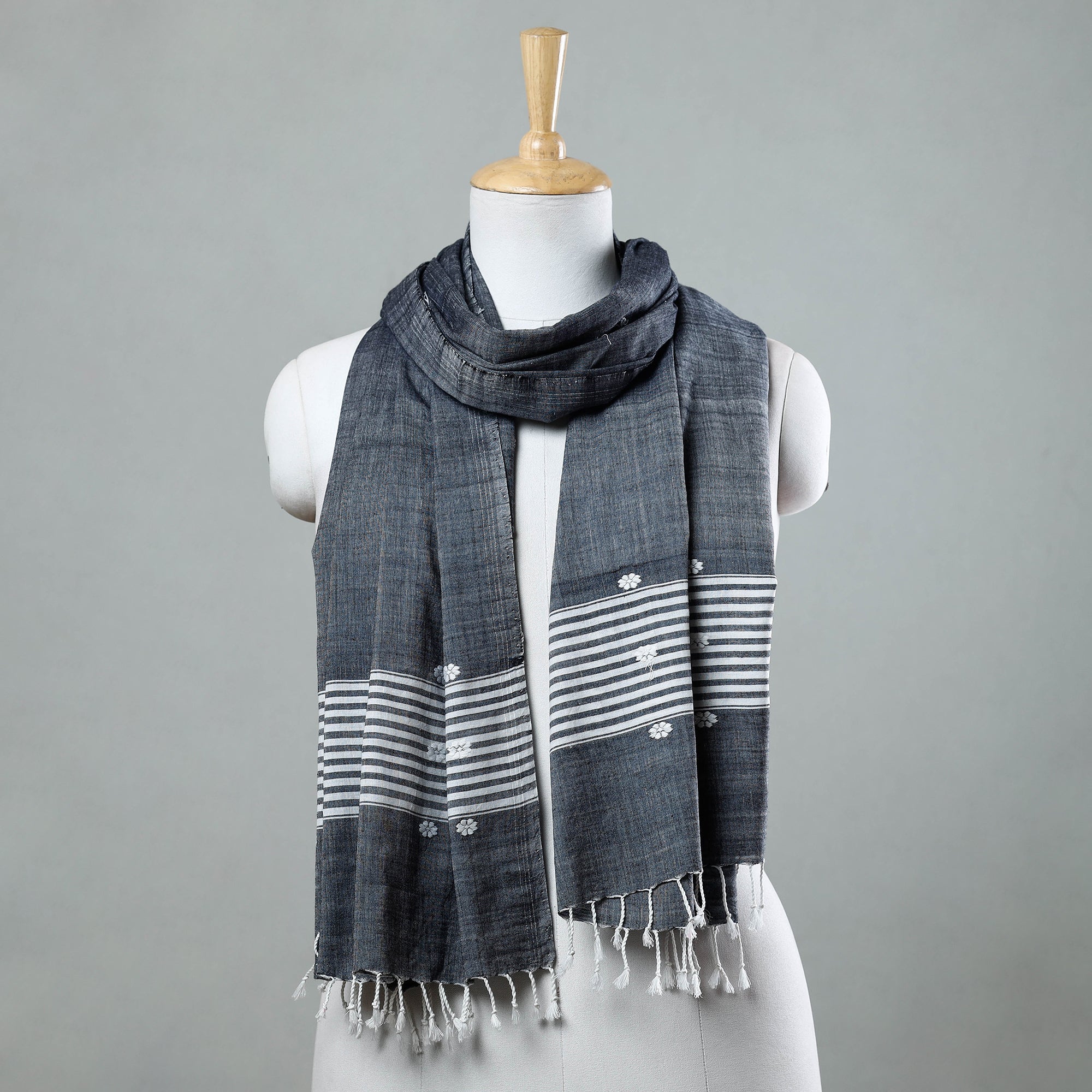 ANTARAN - CRAFTS OF INDIA Black - Assam Weave Handloom Cotton Thread Motifs Stole with Tassels