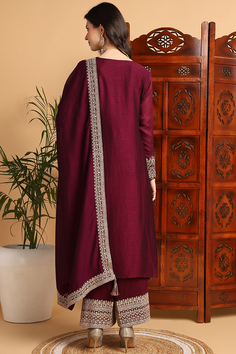 Ahika Wine Silk Blend Solid Embroidered Straight Palazzo Bottom Suit Set PKSKD2264 - view 2