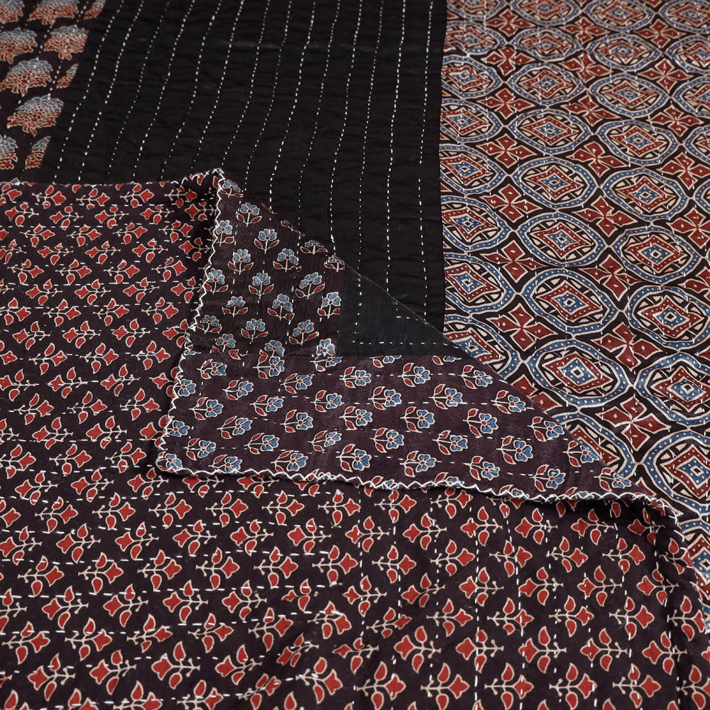 KACHCHH JI CHHAAP Black - Reversible Ajrakh Patch & Tagai Work Mashru Silk Double Bed Cover / Quilt (102 x 84 in) - view 4