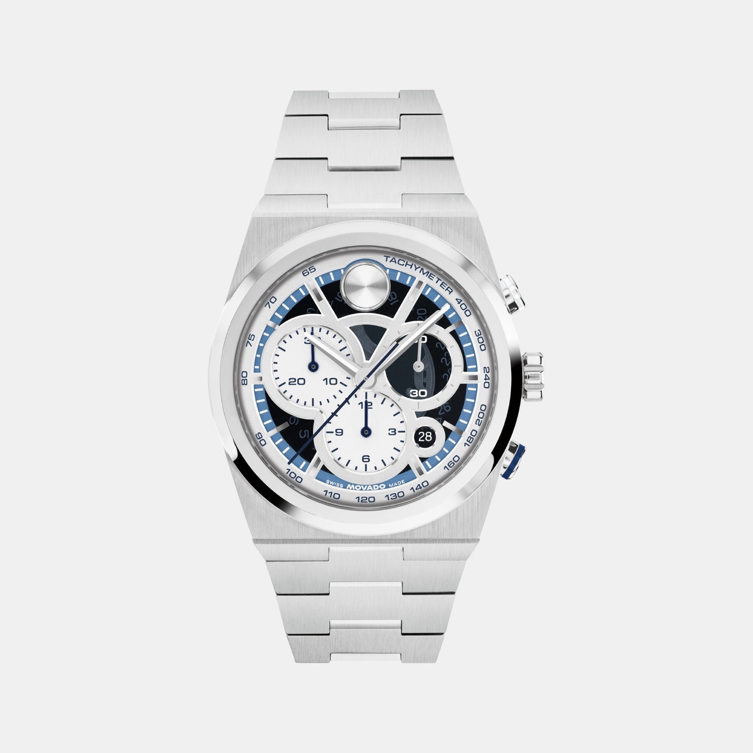 Movado Bold Men Quartz Silver & Blue Dial Chronograph Stainless Steel Watch 3601304
