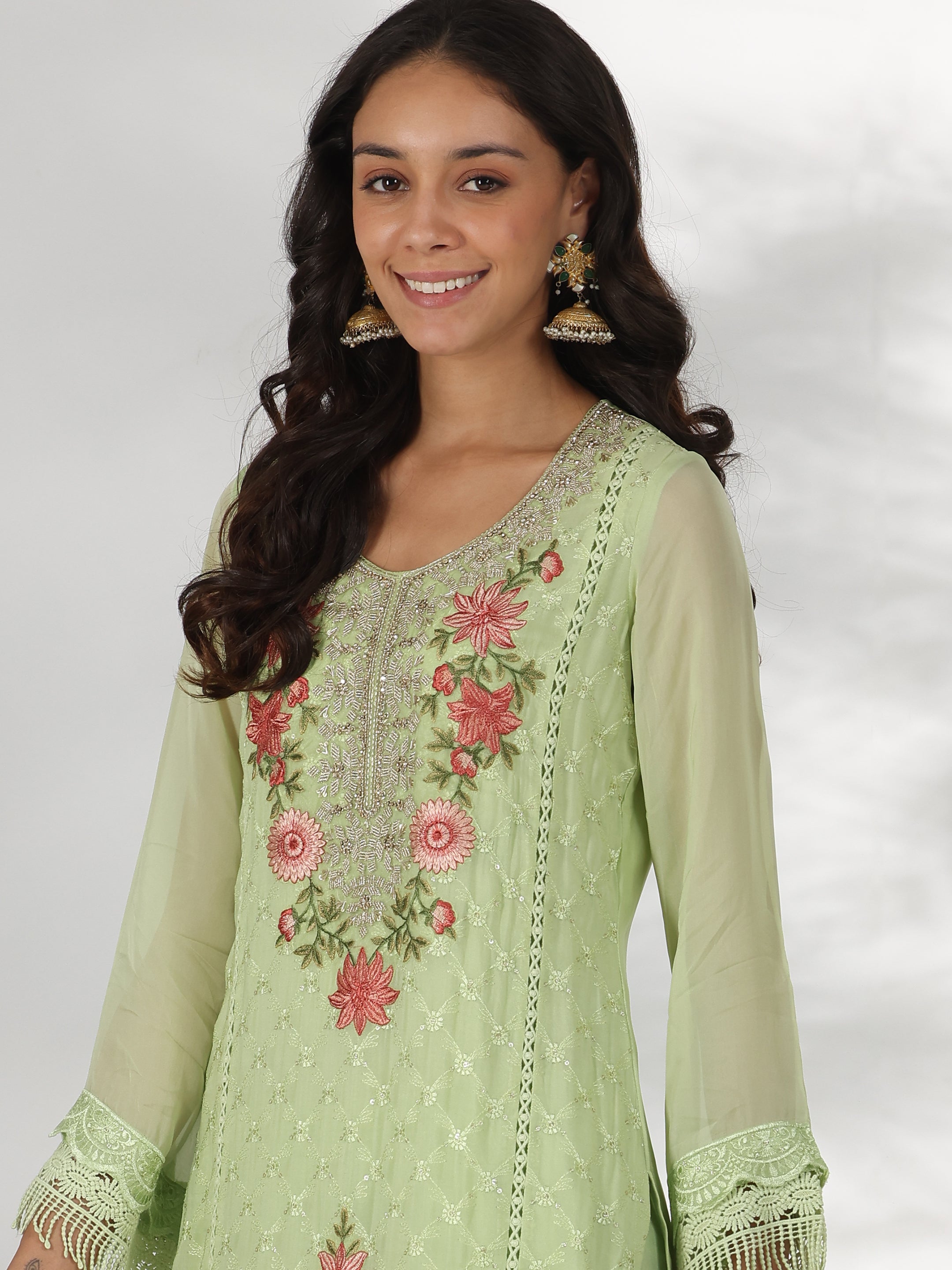 Libas Green Embroidered Organza Straight Suit With Dupatta - view 8