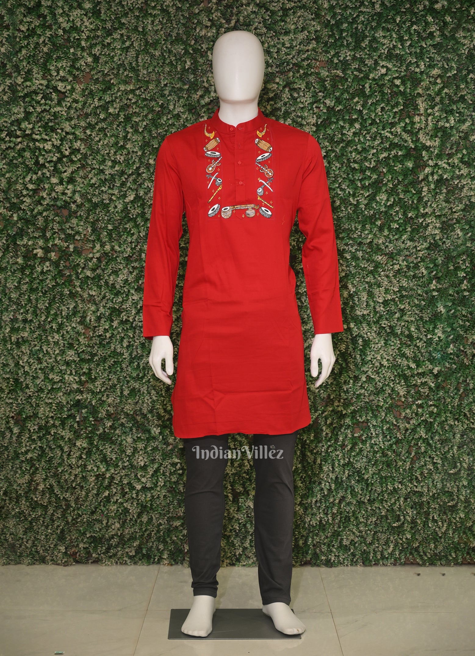 IndianVillèz Red Musical Instrumental Hand-Painted Pattachitra Kurta