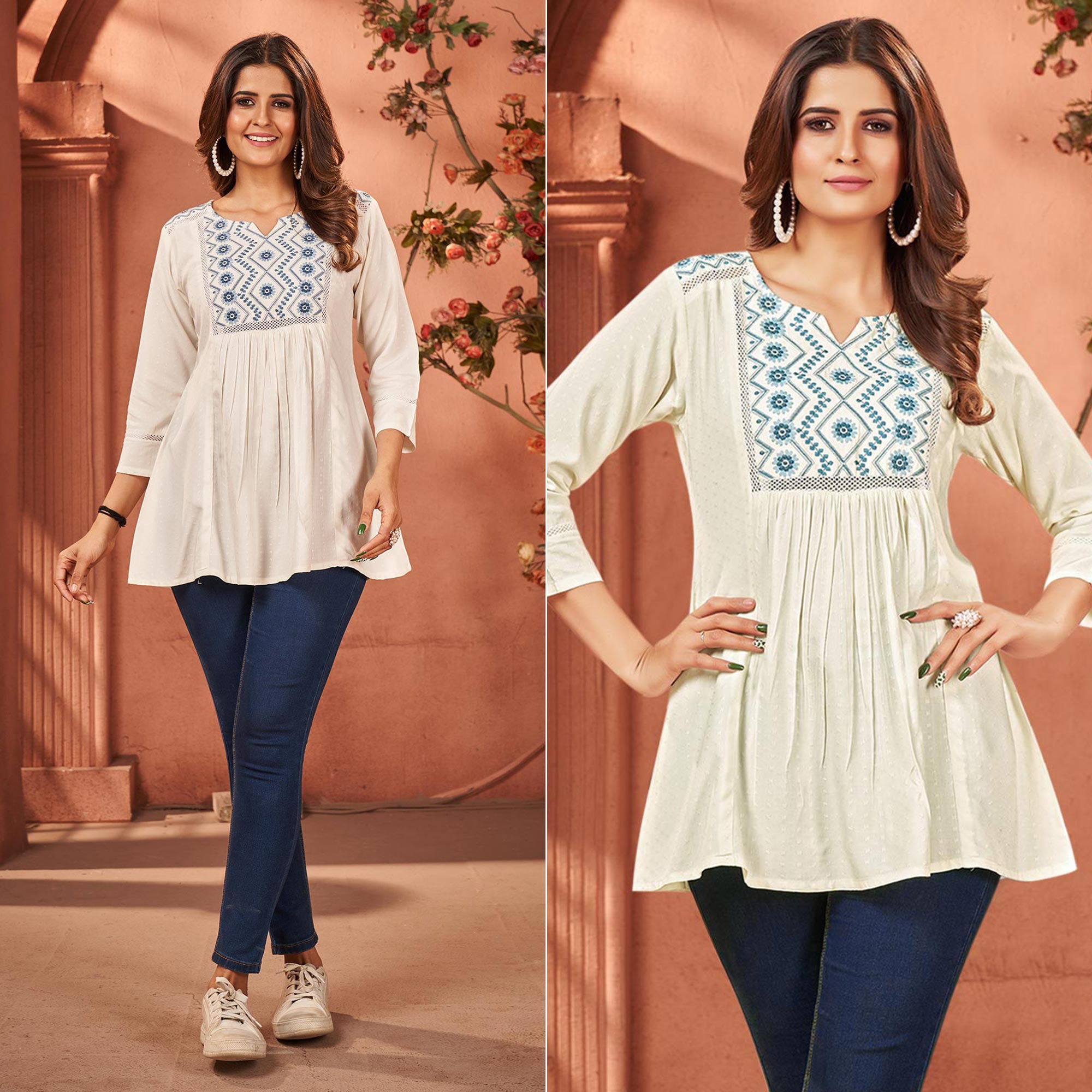 Peachmode Seller Cream Floral Embroidered Rayon Kurti