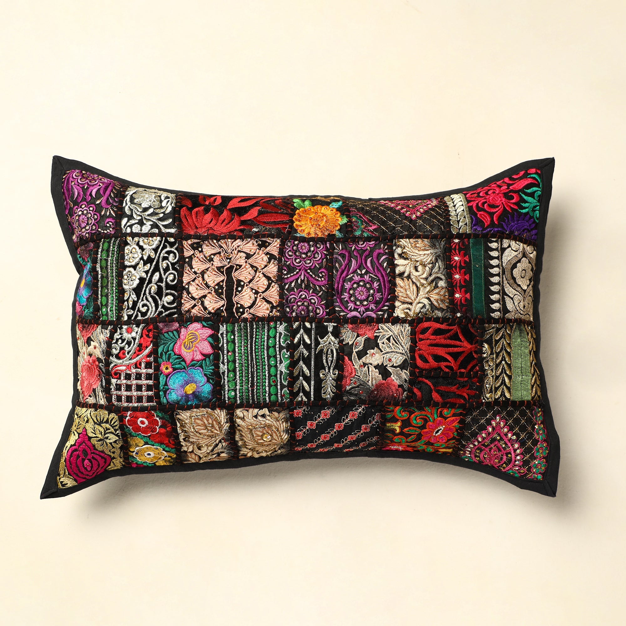 HAVELI CHRONICLES Black - Khambadiya Patchwork Cotton Pillow Cover (24 x 17 in) 01