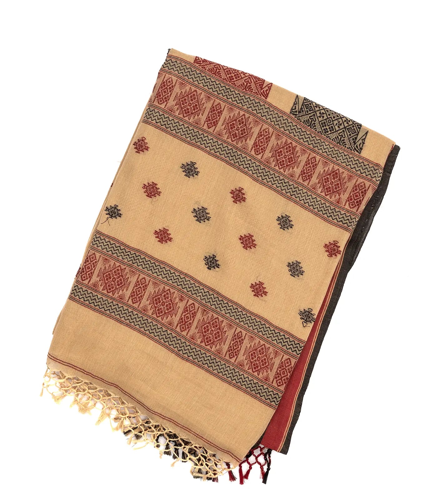 RmKV Beige Handloom Bengal Cotton Saree With Temple Border