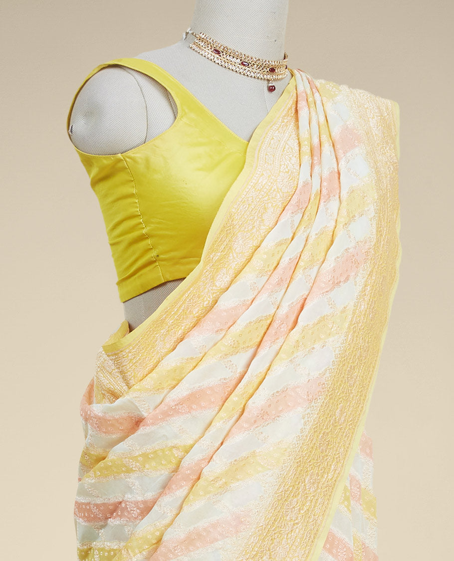 Pothys Yellow rangkat style banaras georgette saree with contrast floral zari border