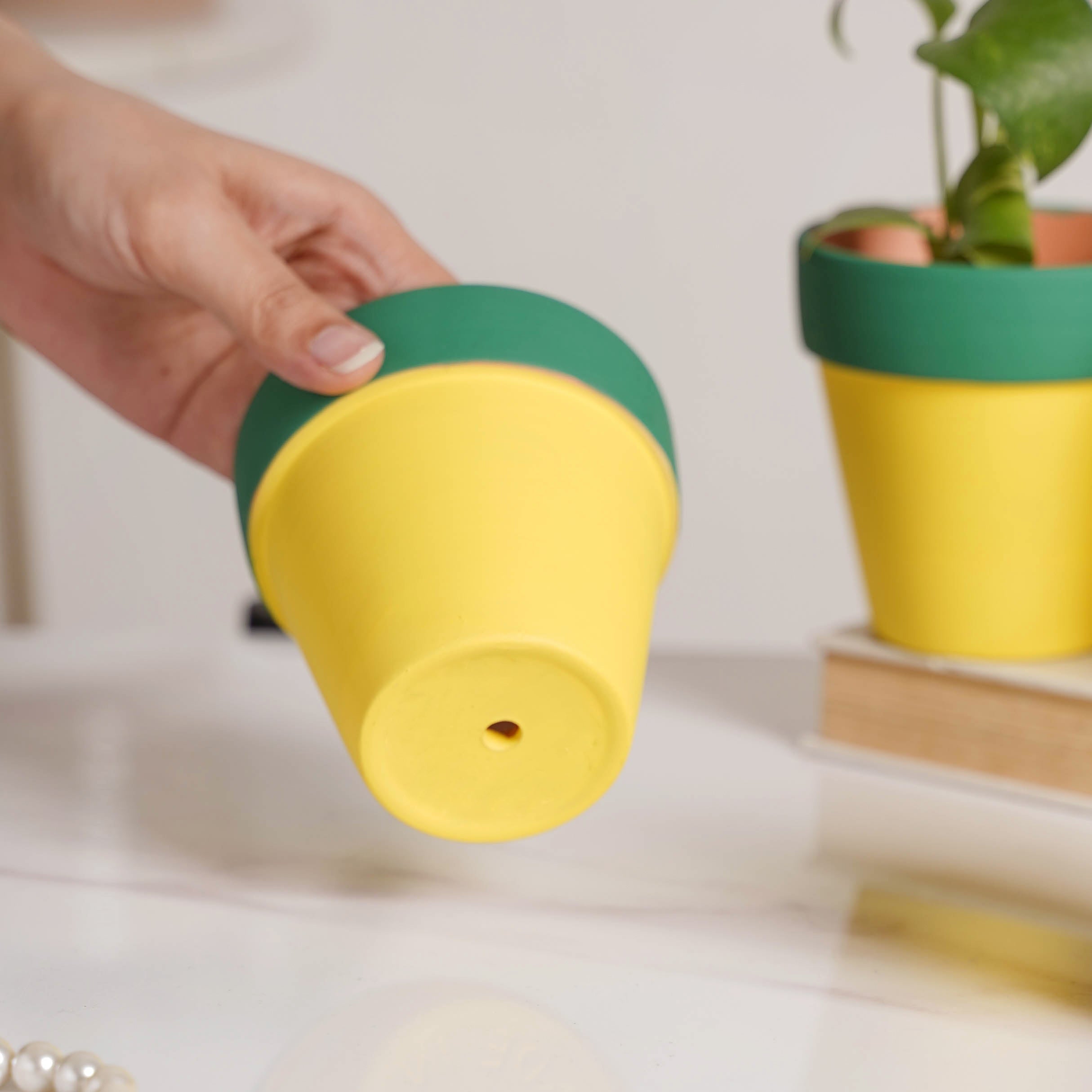 Nestasia Green Rim Yellow Clay Pot Set Of 4 - view 2