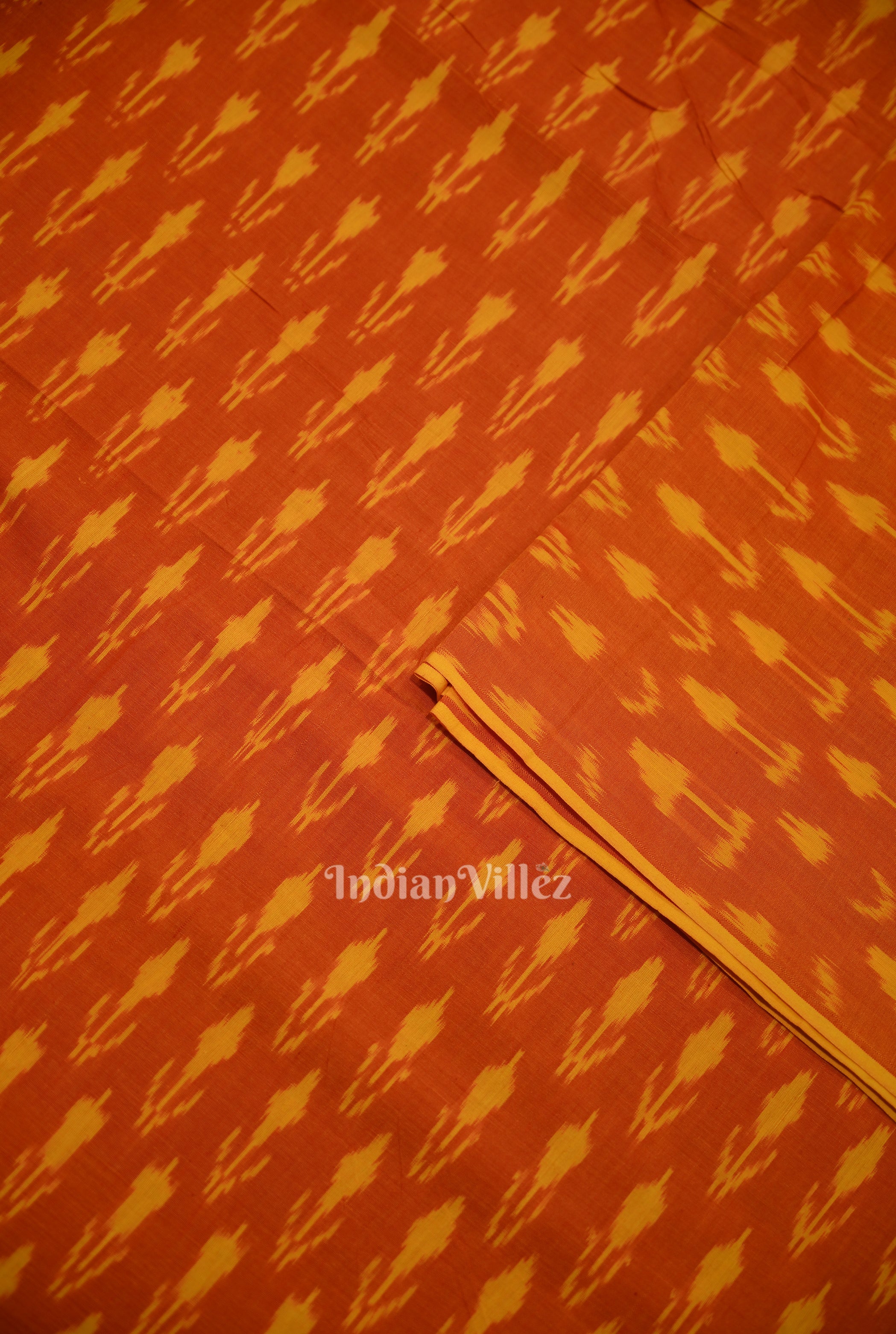 IndianVillèz Deep Orange Handwoven Pochampally Ikat Cotton Fabric - view 2