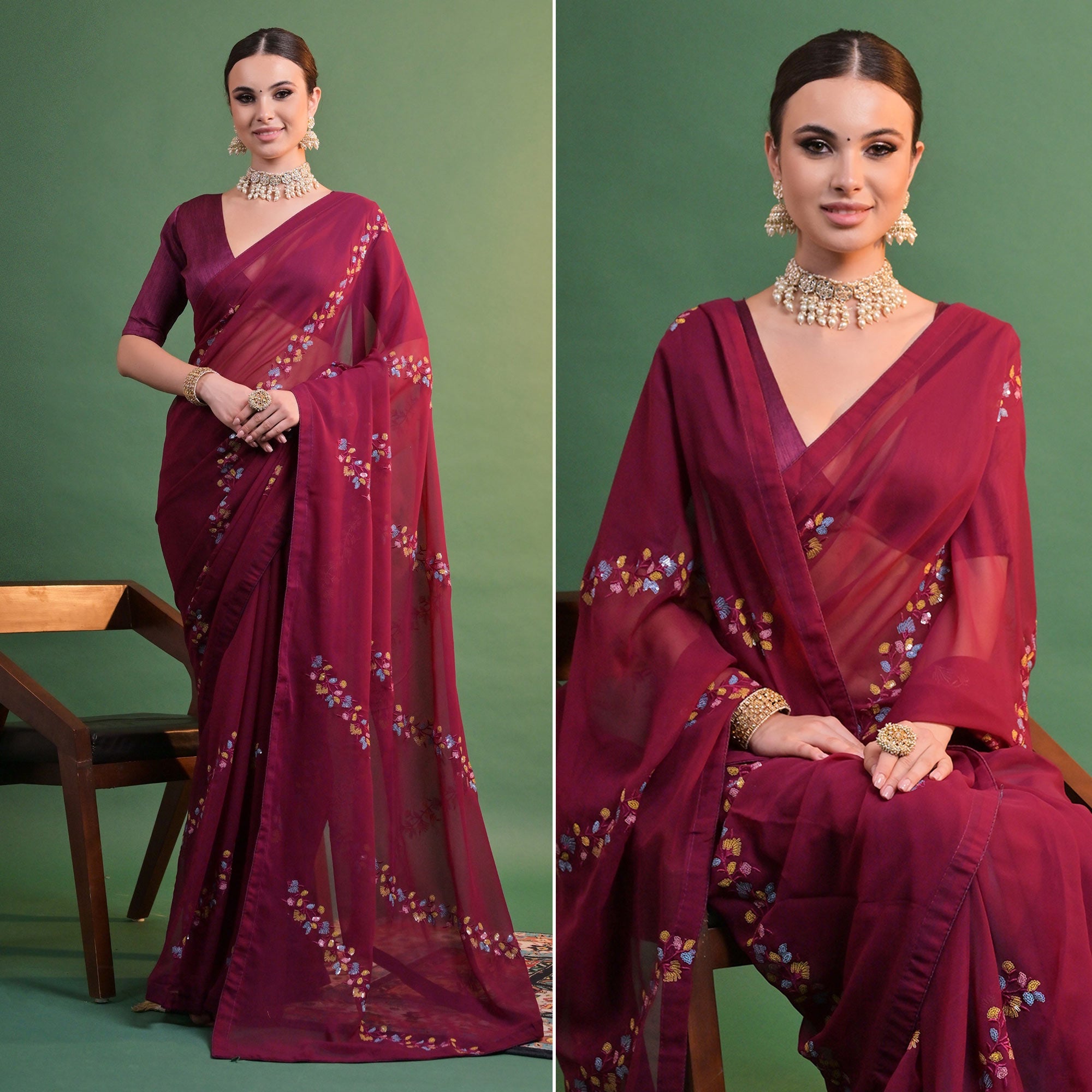 Peachmode Maroon Floral Sequins Embroidered Georgette Saree