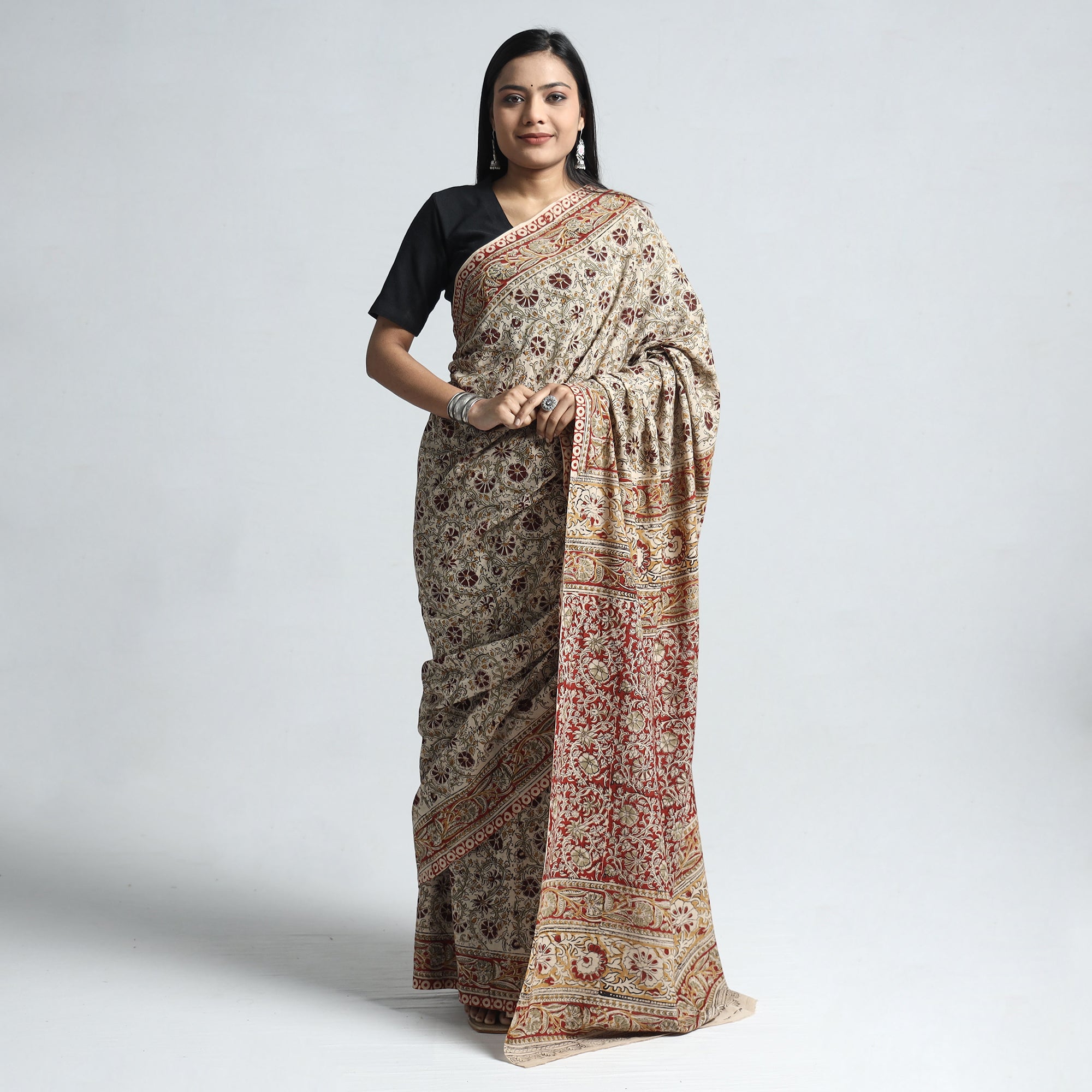 VENKATA BHANU KALAMKARI PEDANA Beige - Pedana Block Print Cotton Kalamkari Saree - view 2