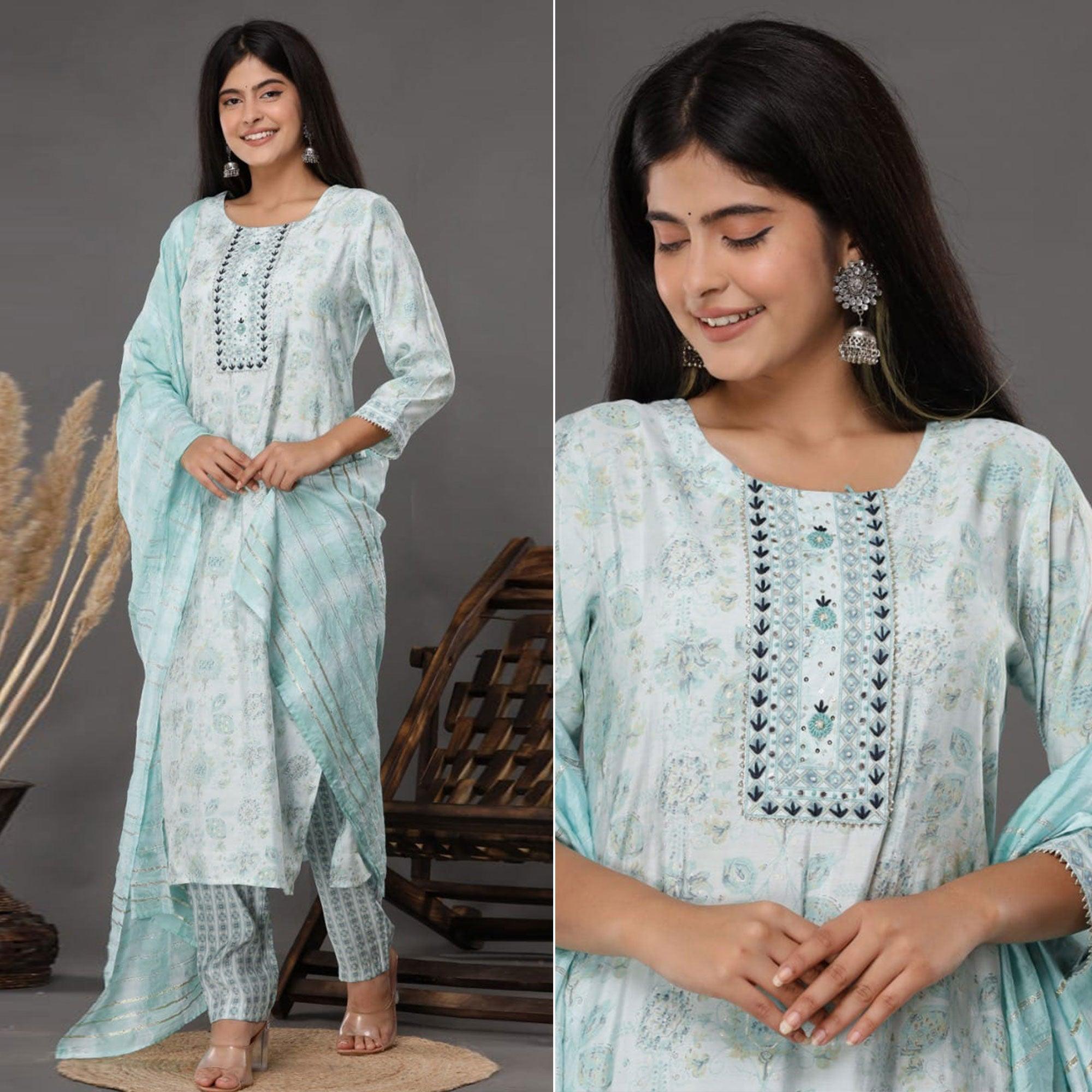Peachmode Light Blue Printed Muslin Kurti Pant Set With Dupatta