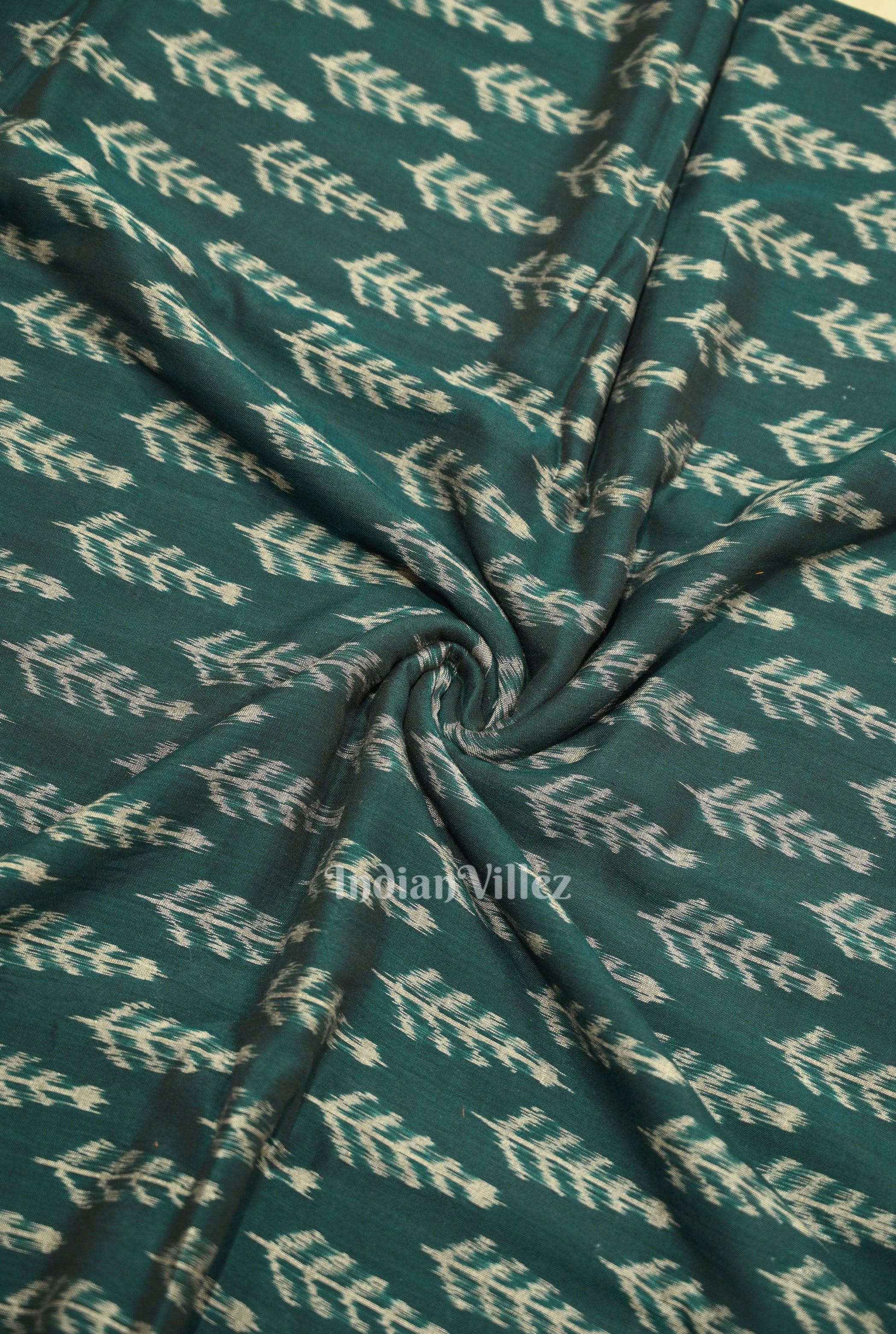IndianVillèz Dark Green Leaf Motif Sambalpuri Odisha Ikat Cotton Fabric