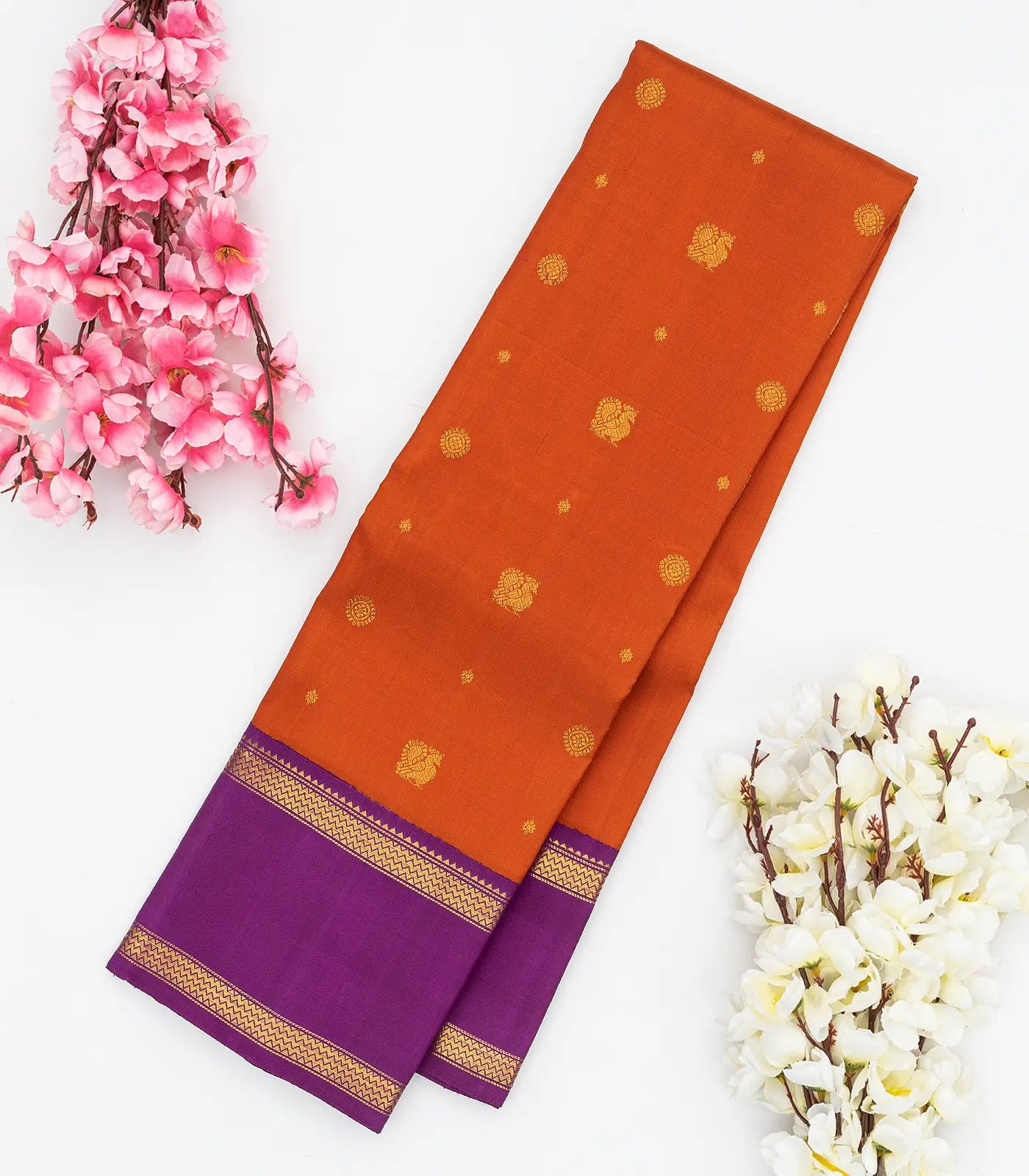 RmKV Orange Handloom Kanchipuram Korvai Silk Saree With Annam Buttas - view 6