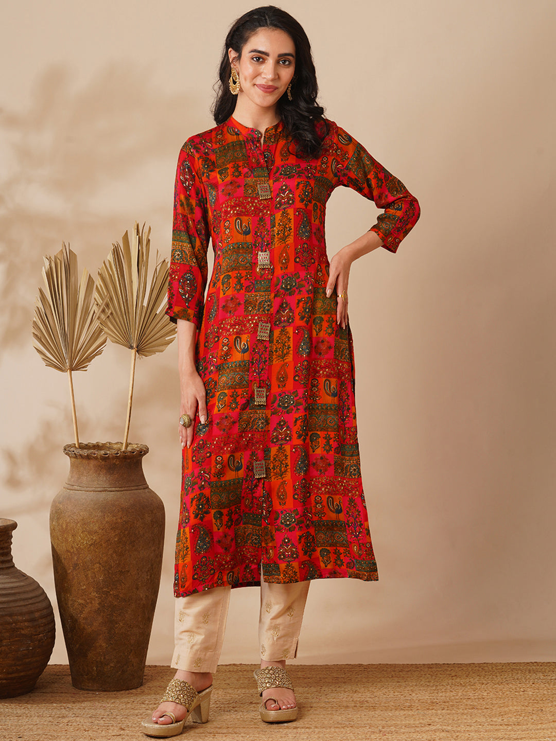 FASHOR Abstract Floral Foil Printed Straight Fit Kurta - Multi