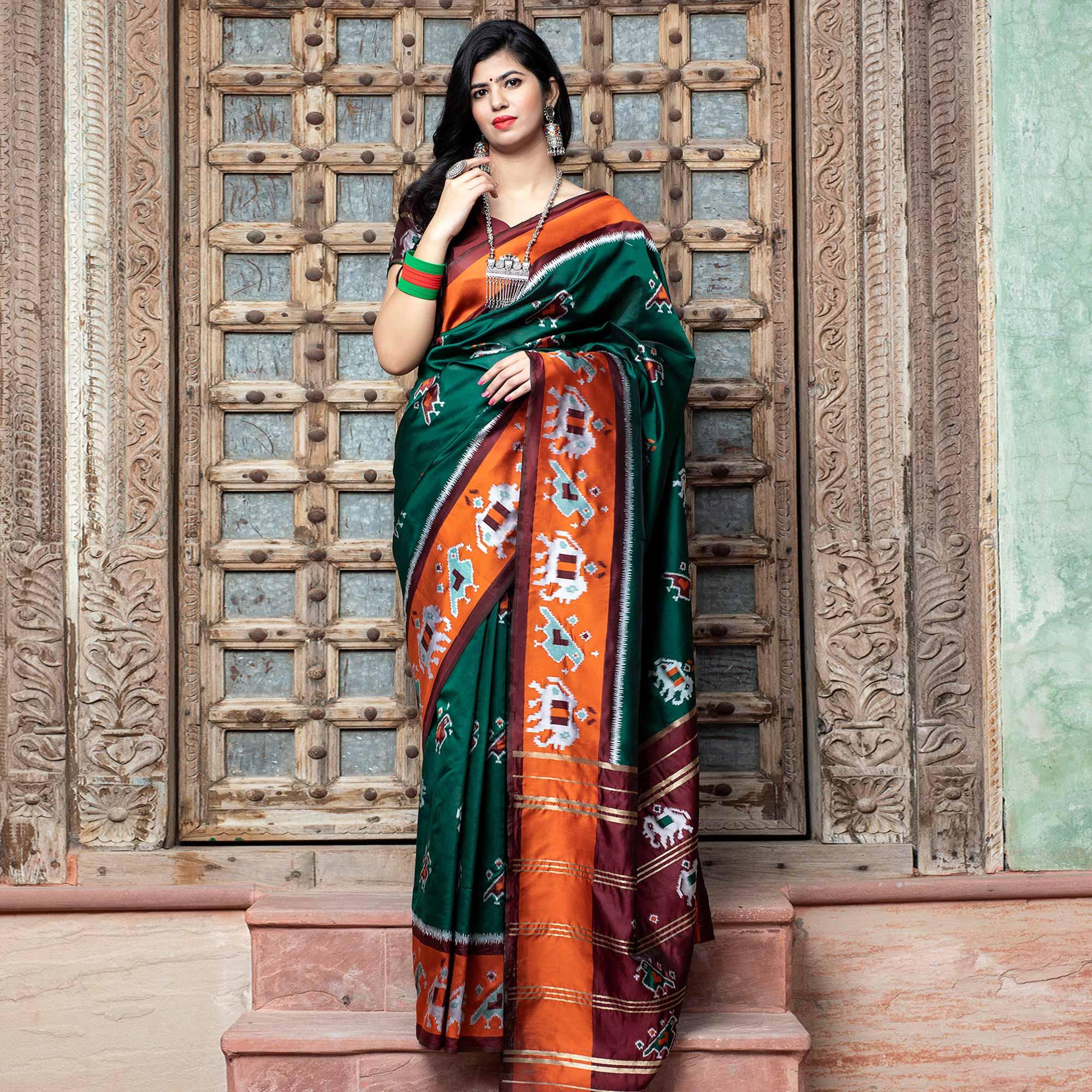 Peachmode Fantastic Green Colored Festive Wear Woven Patola Silk Saree