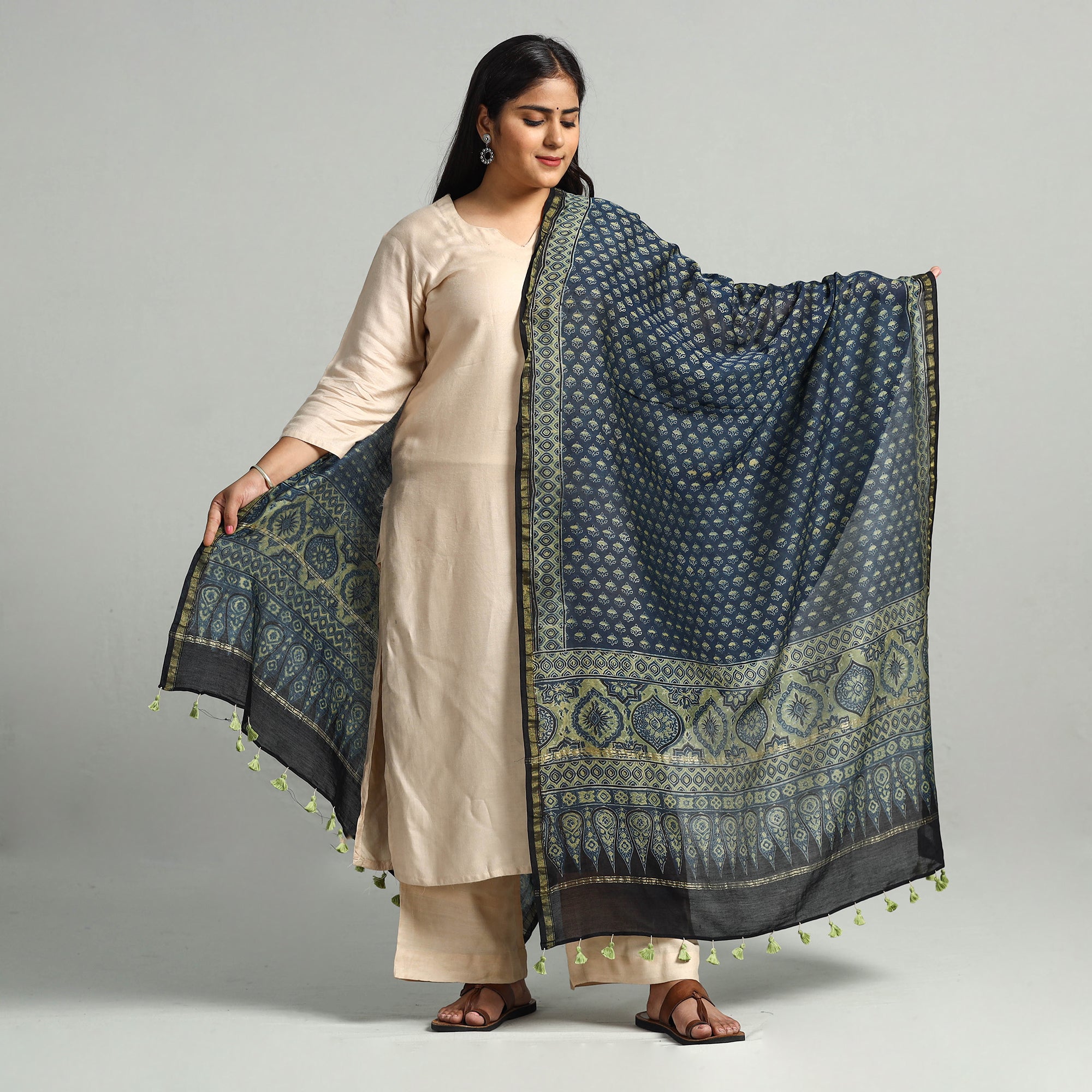 AJRAKH BY SUFIYAN ISMAIL KHATRI Blue - Block Printed Chanderi Silk Handloom Ajrakh Dupatta 12