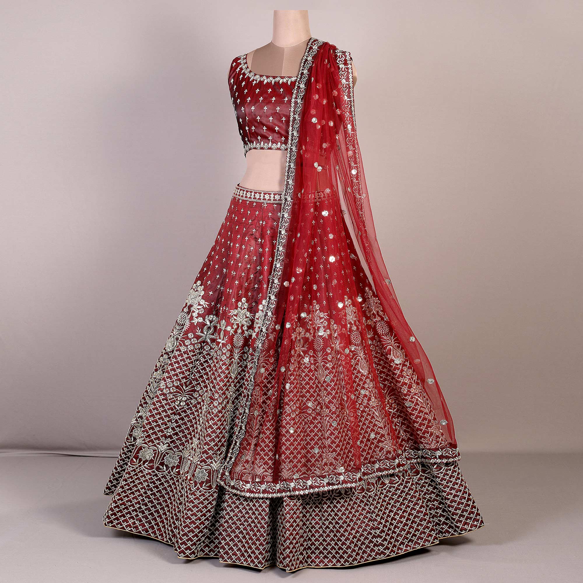 Peachmode Maroon Embroidered Satin Lehenga Choli