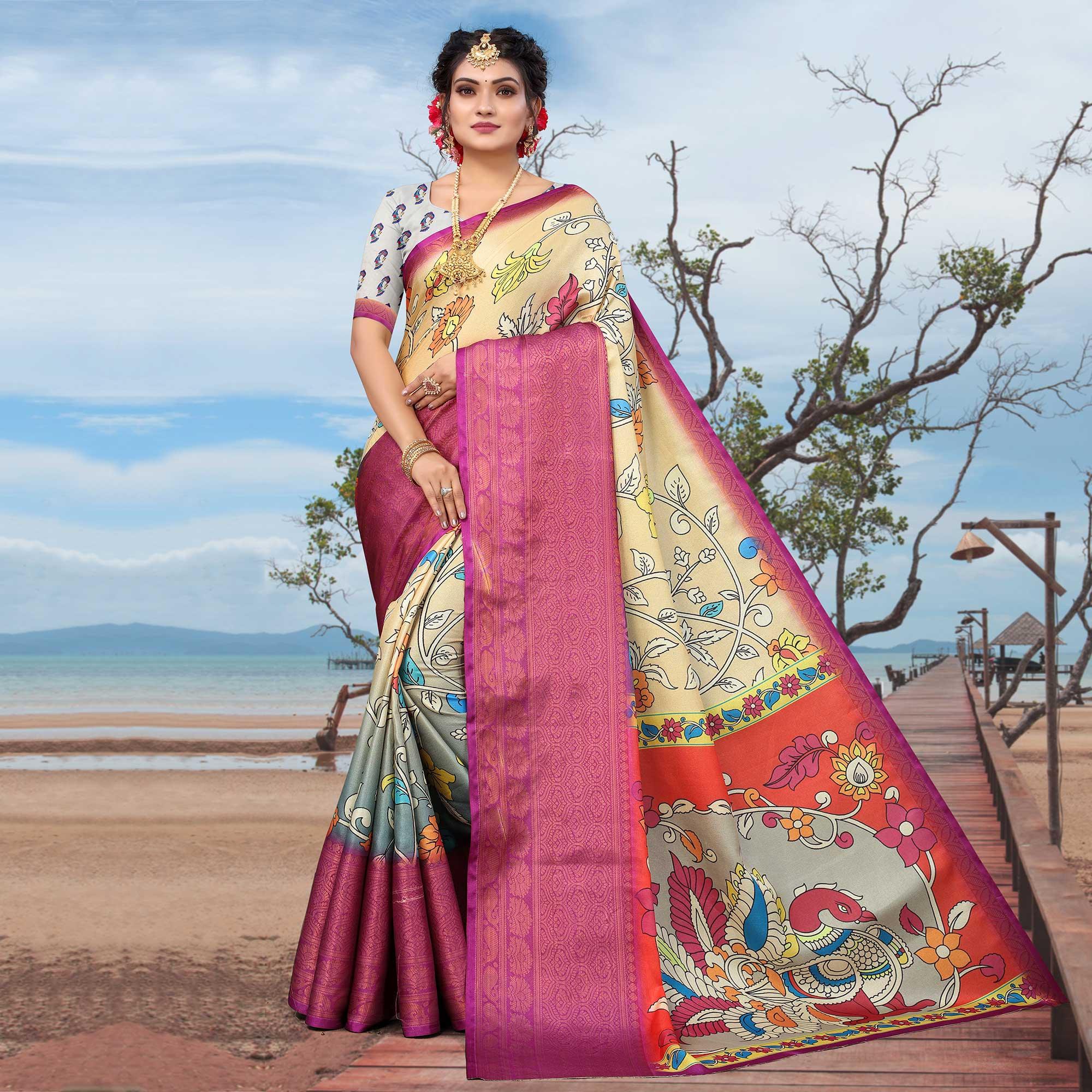 Peachmode Chikoo Digital Printed Khaadi Saree