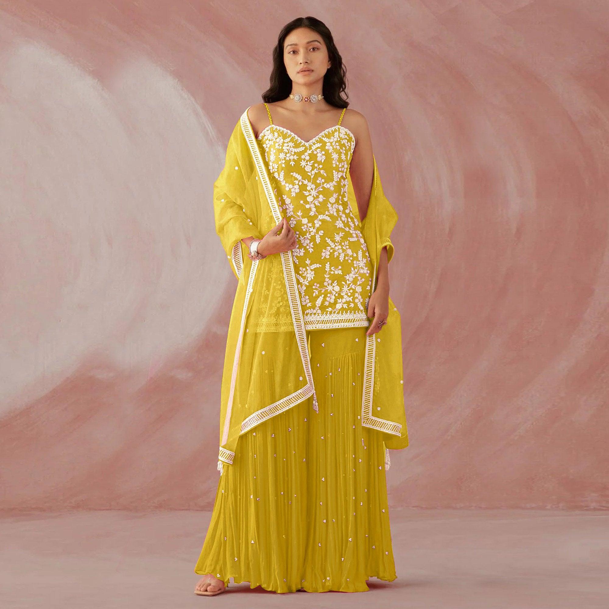 Peachmode Lemon Yellow Floral Sequins Embroidered Georgette Sharara Suit - view 2