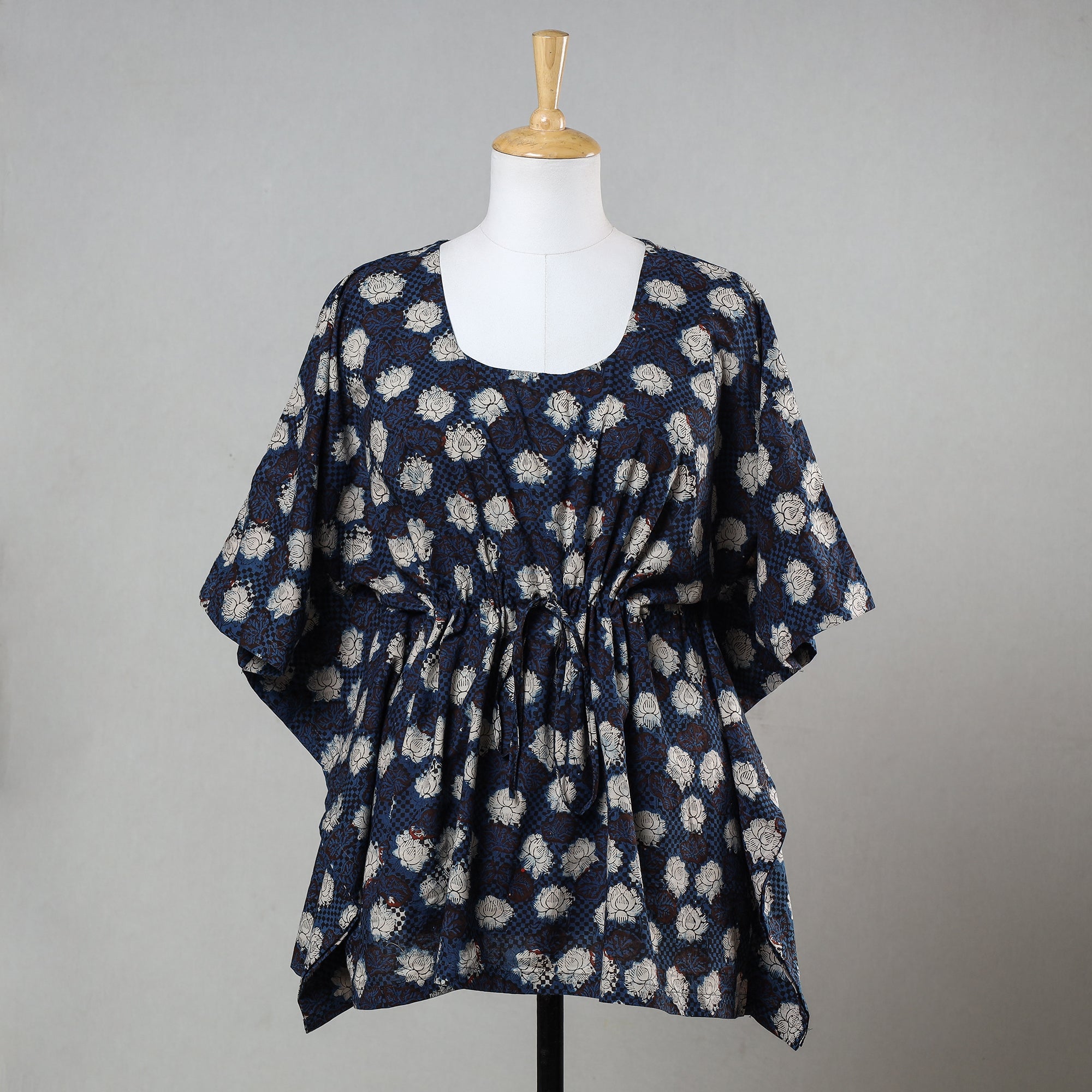 ITOKRI CASUALS Blue - Bagru Block Printed Cotton Kaftan with Tie-Up Waist (Short)