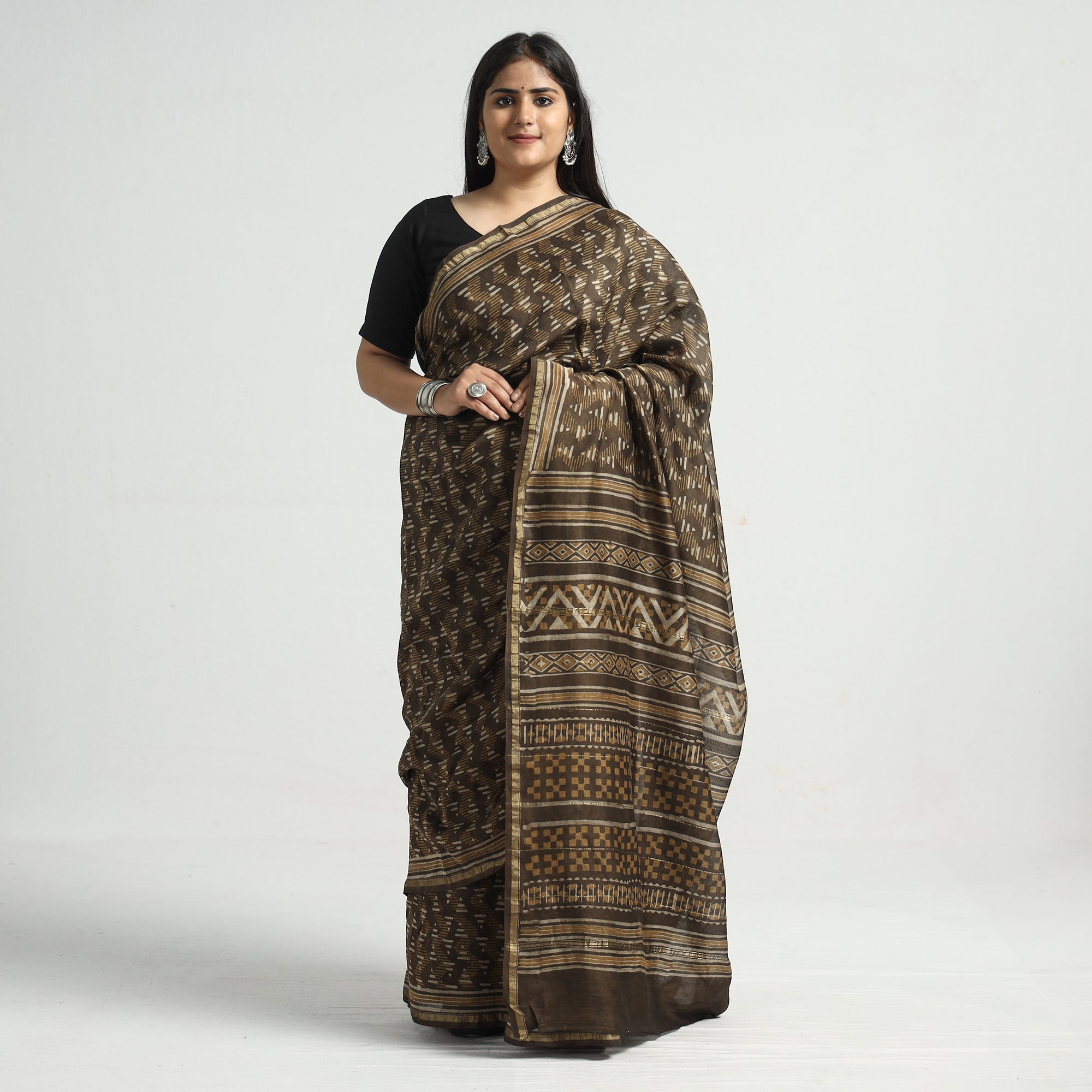 HAVELI CHRONICLES Brown - Akola Hand Block Printed Chanderi Silk Saree with Zari Border