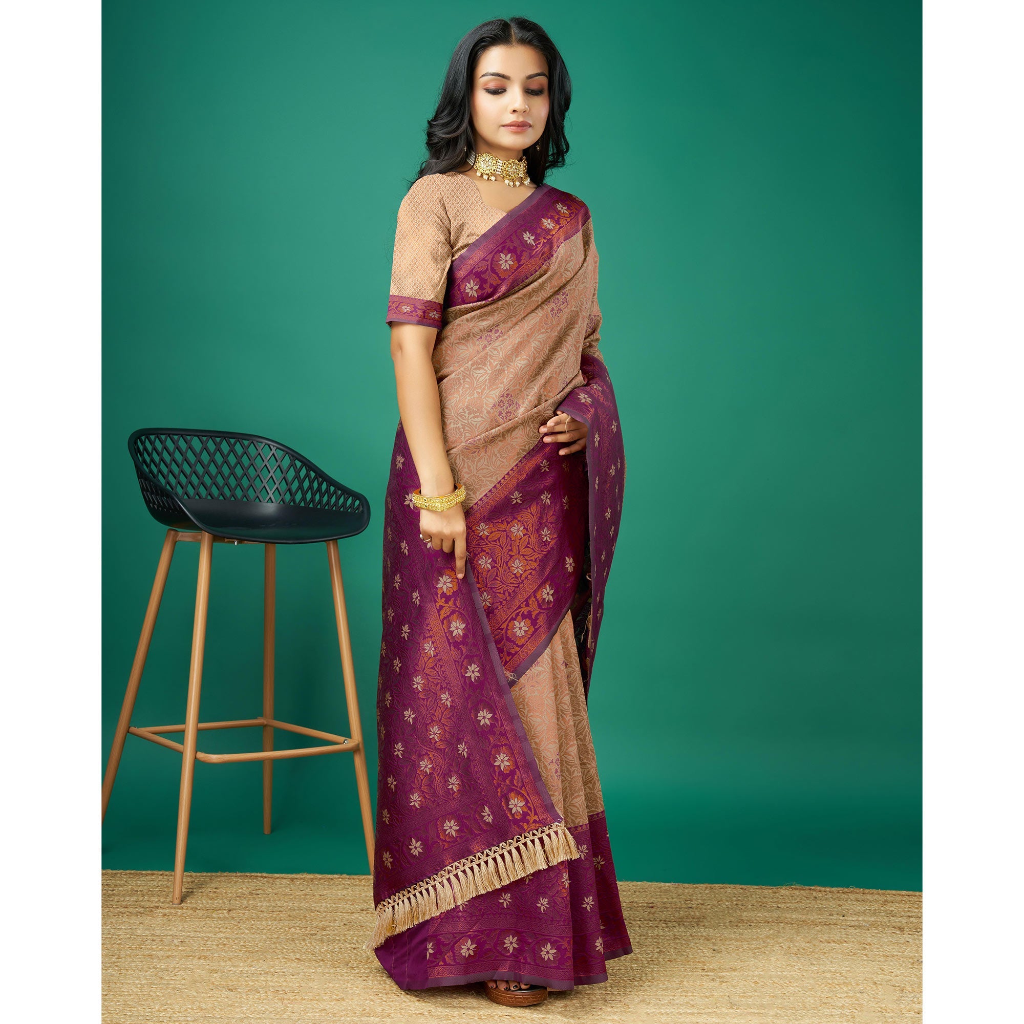 Peachmode Chikoo Zari Woven Banarasi Silk Saree With Tassels - view 4