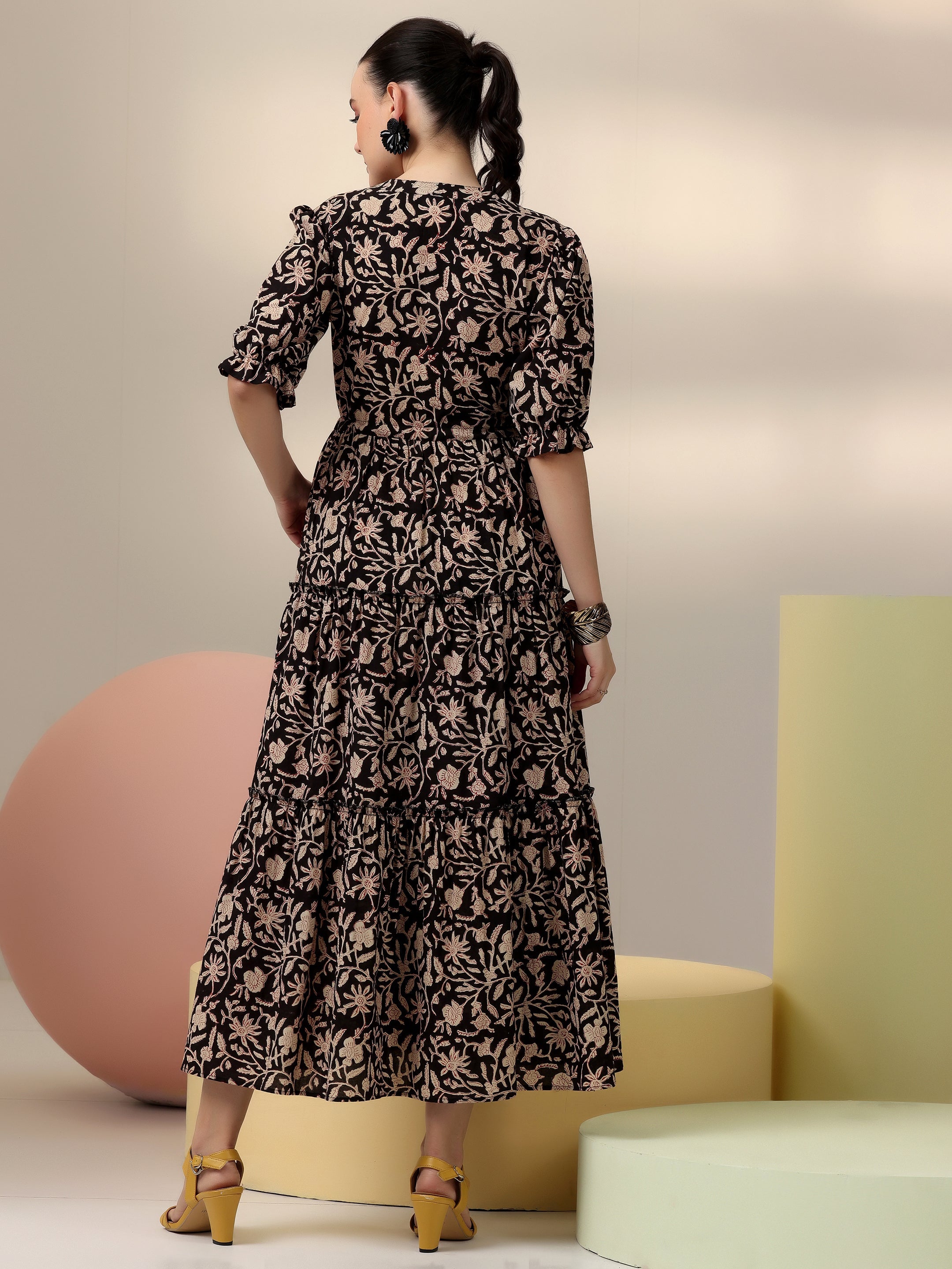 Libas Black Printed Cotton Fit and Flare Dress - view 3