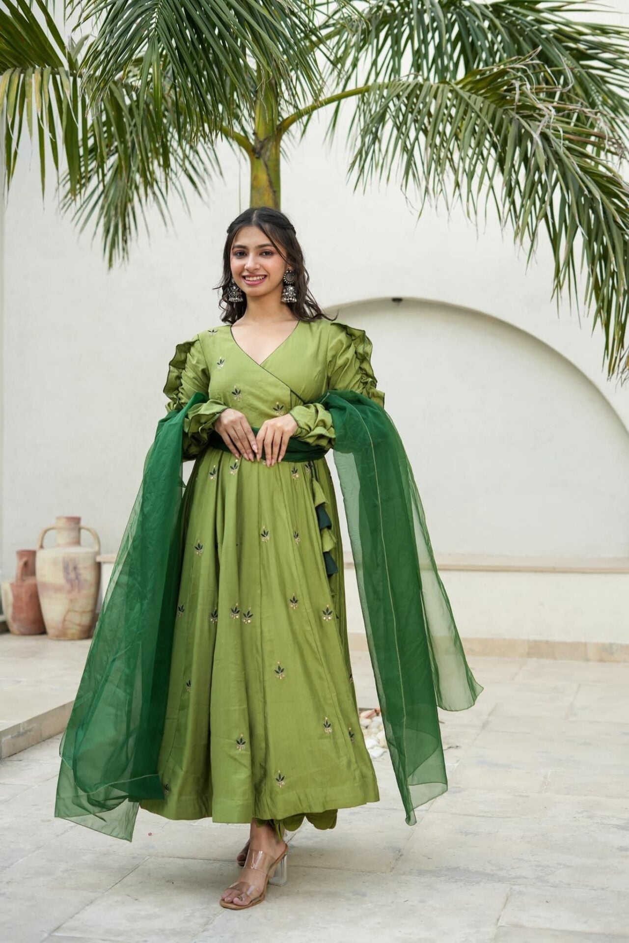 Idaho-o Athena green silk suit set