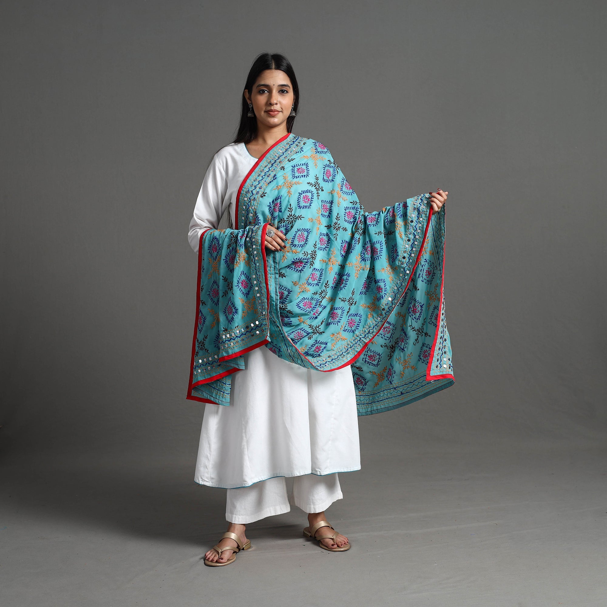 ITOKRI CRAFTS INITIATIVE Blue - Georgette Chapawork Embroidery Phulkari Dupatta 165 - view 2