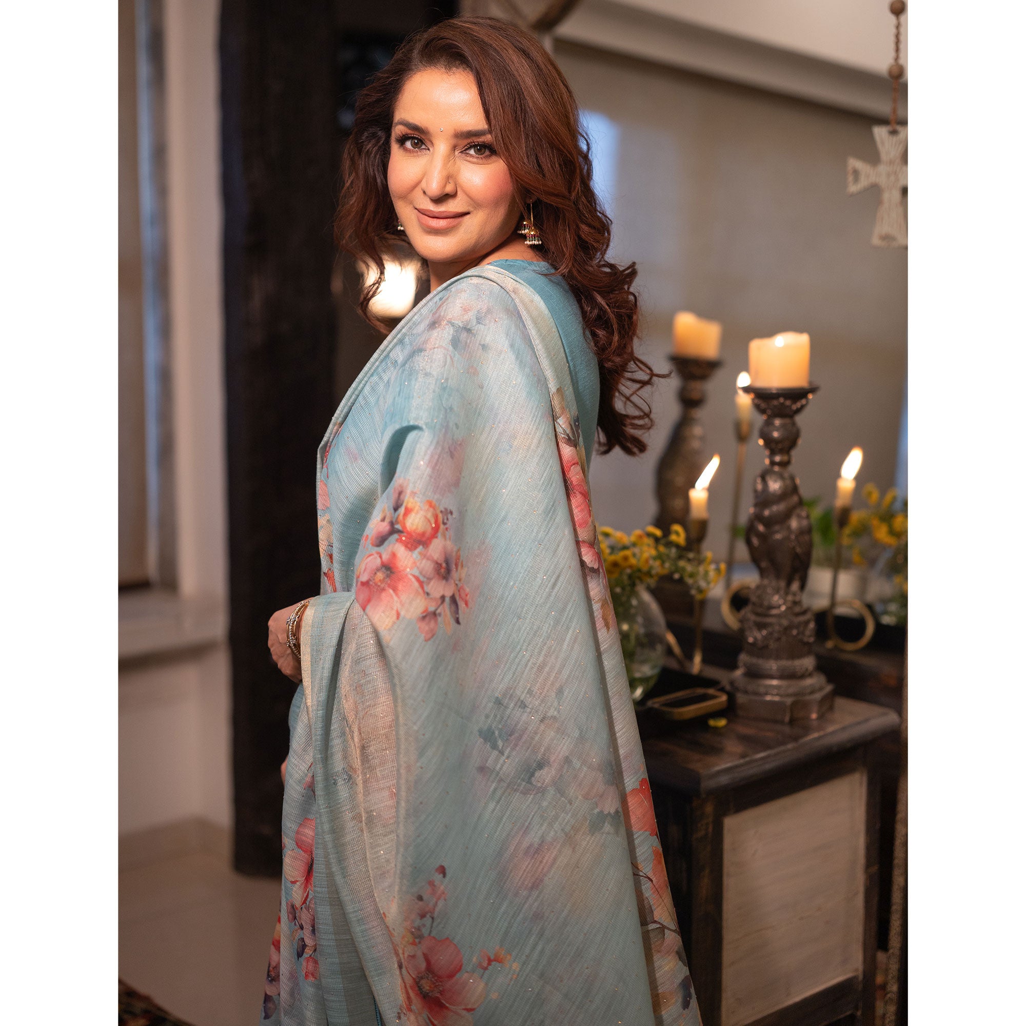 Peachmode Sky Blue Neck Embroidered Viscose A-Line Salwar Suit - view 6