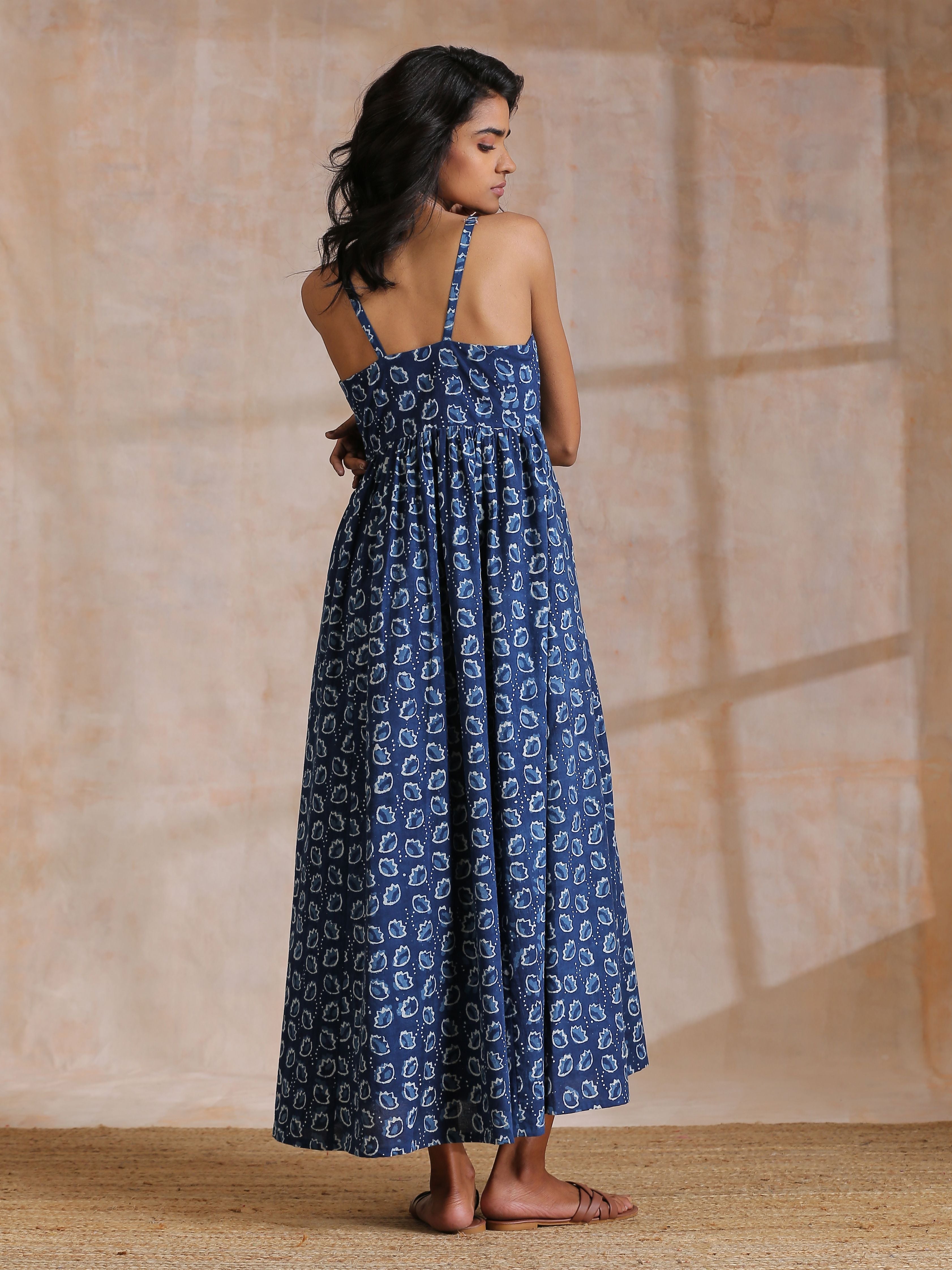Indigo Dabu Floral Print Cotton Sleeveless Dress | Relove - view 7