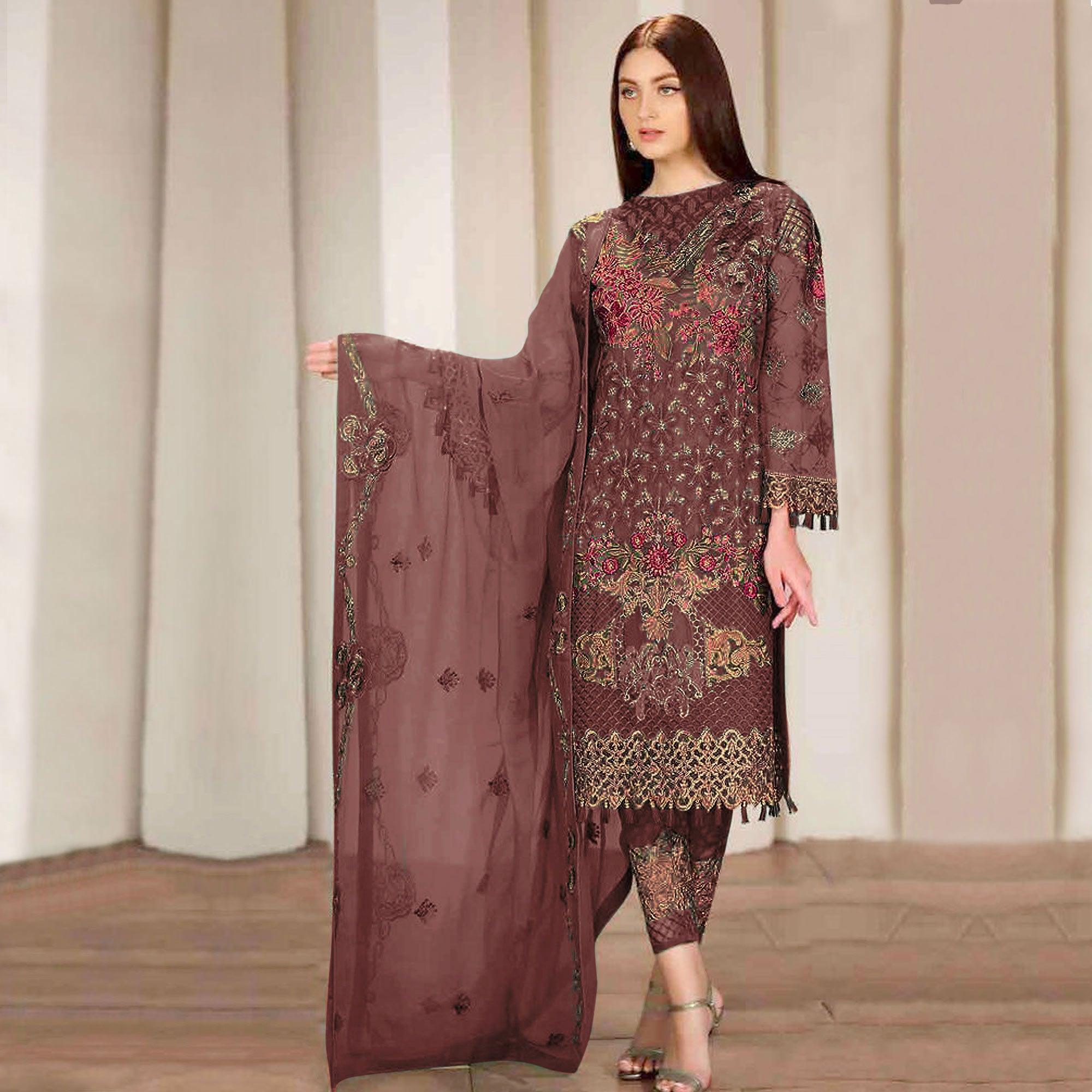 Peachmode Brown Embroidered Georgette Pakistani Suit