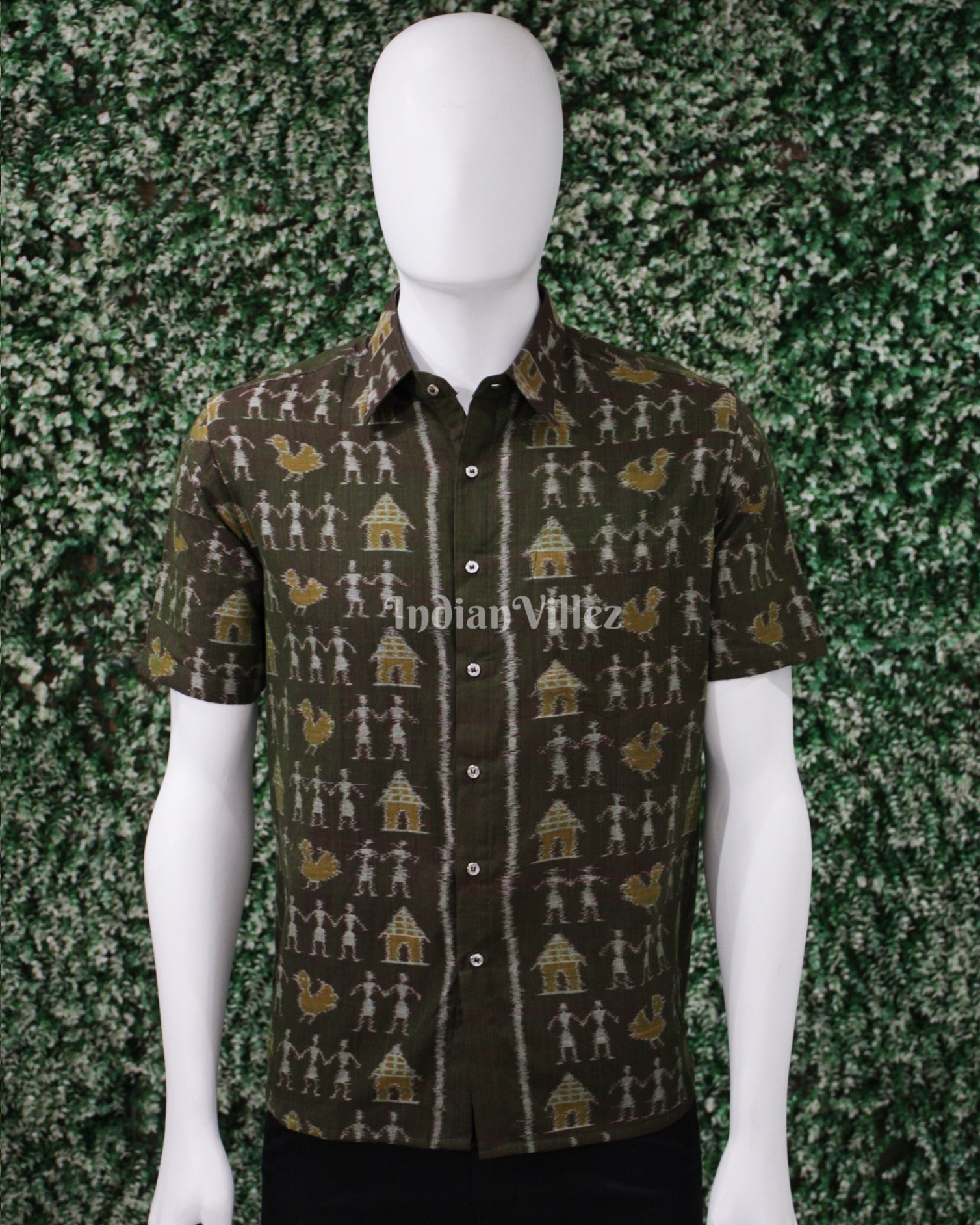 IndianVillèz Moss Green Tribal Art Odisha Ikat Cotton Half Sleeve Shirt for Men
