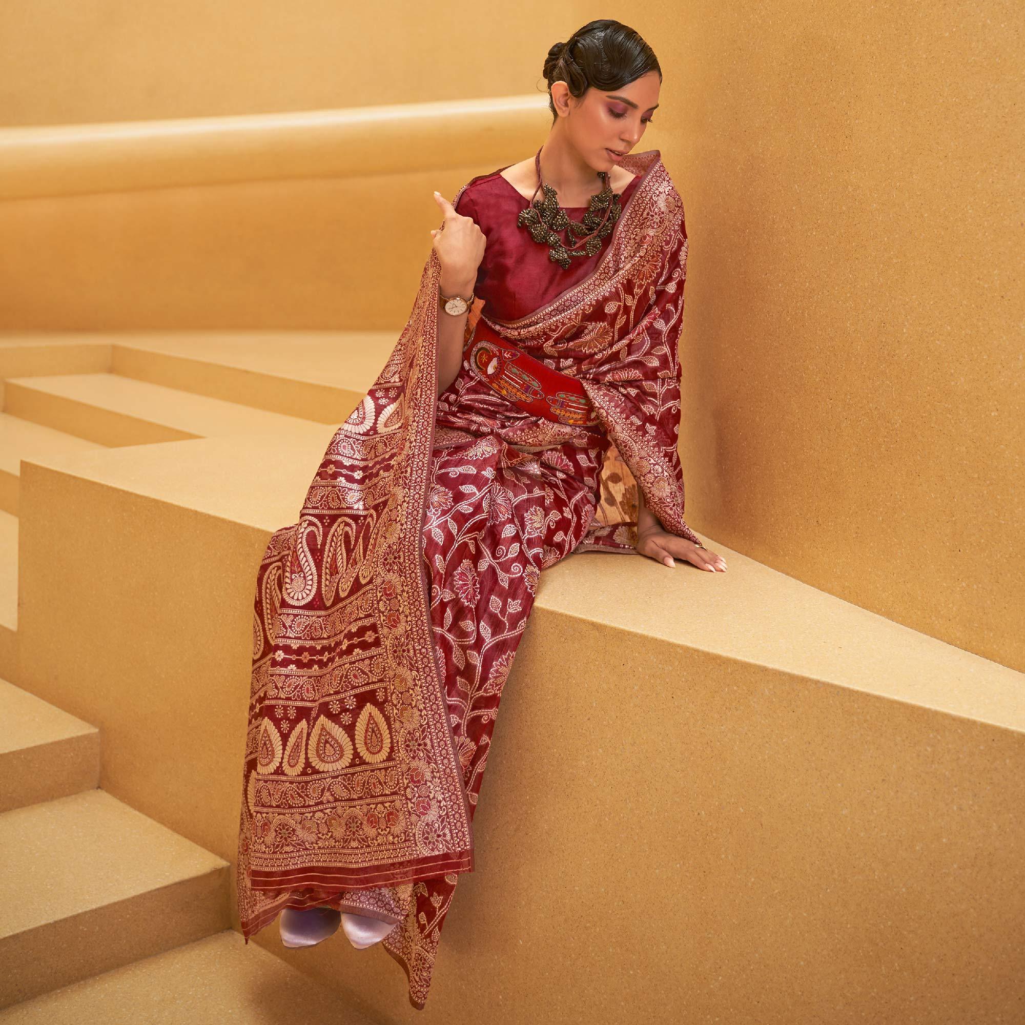 Peachmode Maroon Floral Woven Art Silk Saree – Women's - view 3
