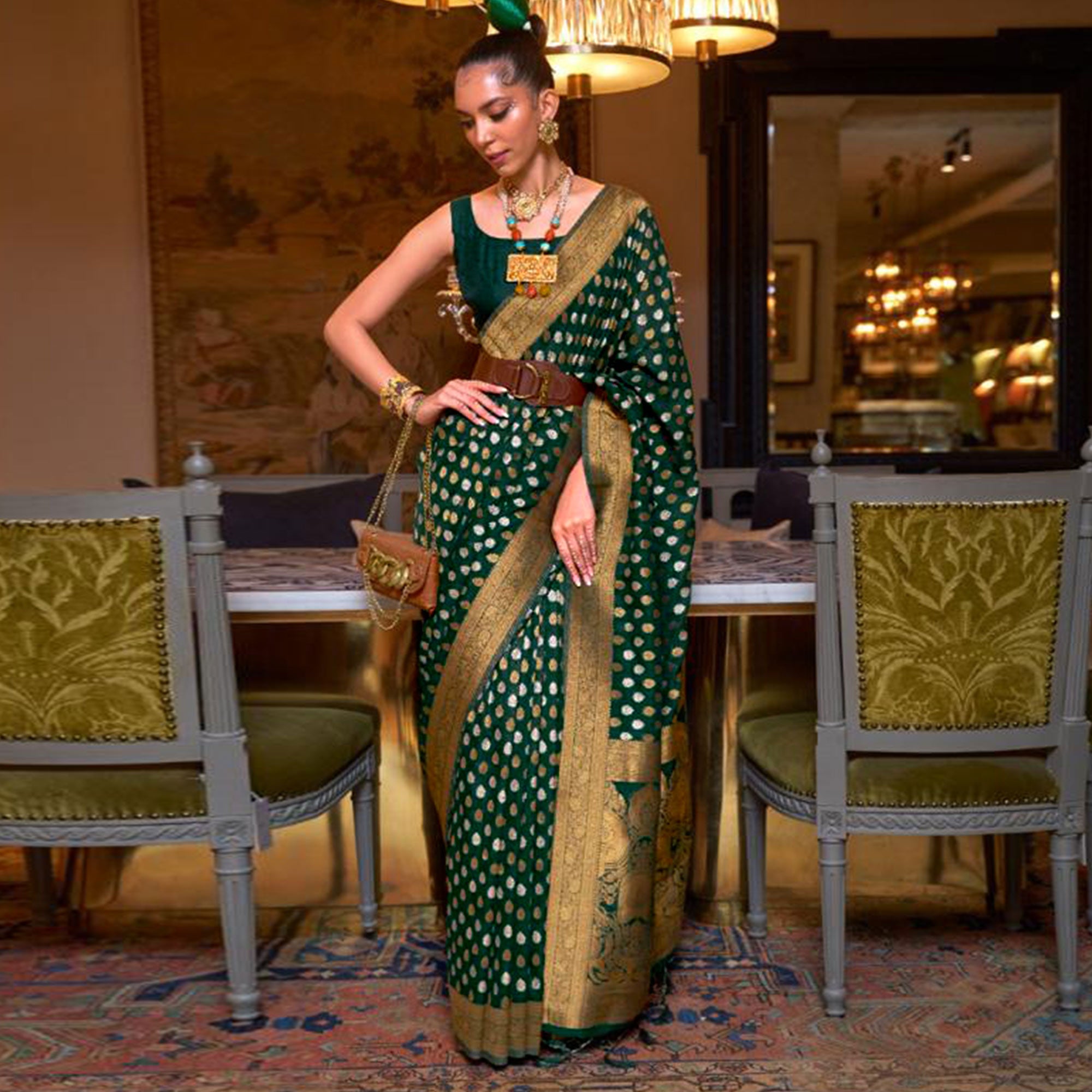 Peachmode Bottle Green Woven Khadi Silk Saree With Tassels