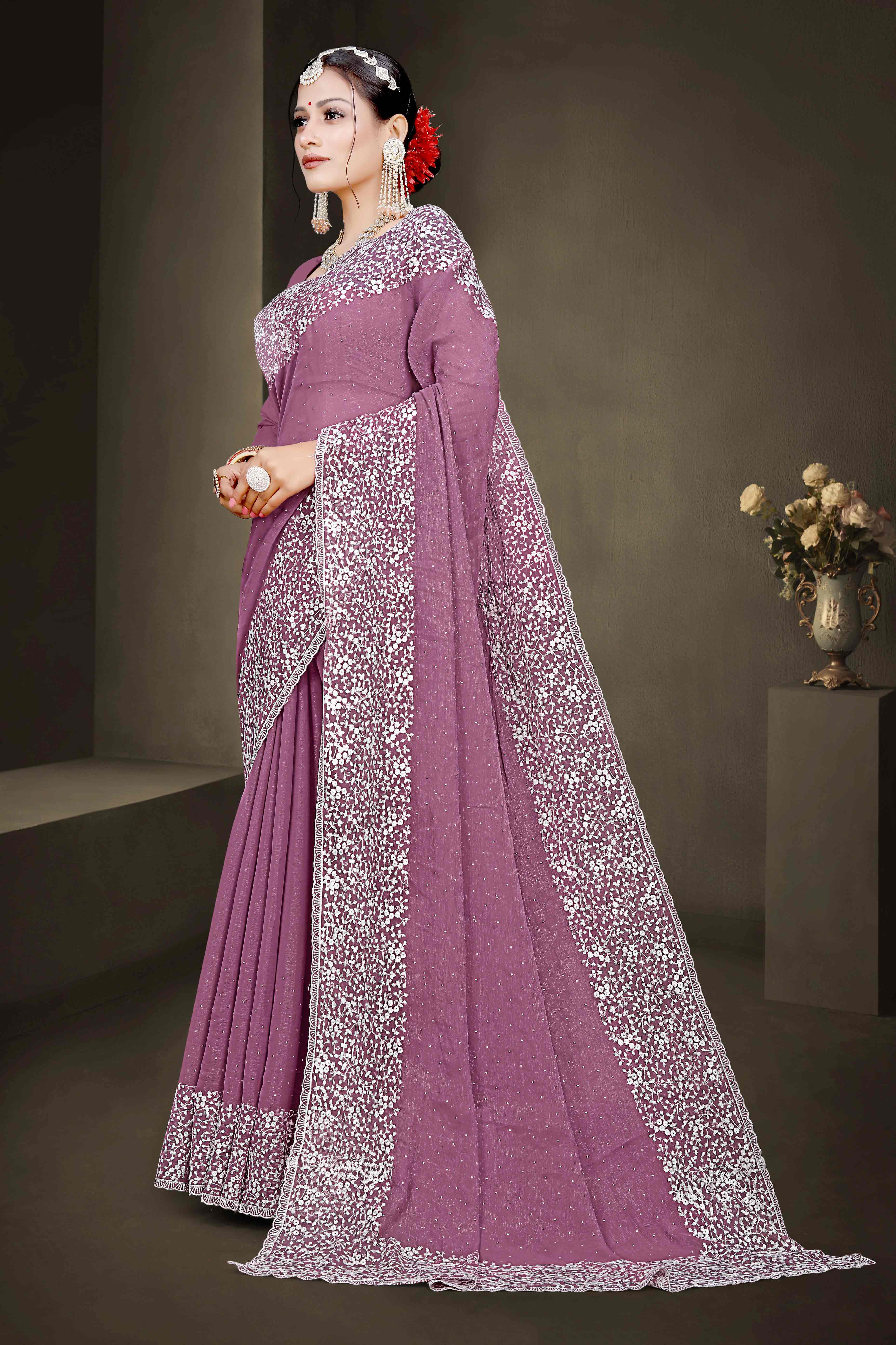 Peachmode Mauve Floral Embroidery With Stonework Chiffon Shimmer Saree - view 4