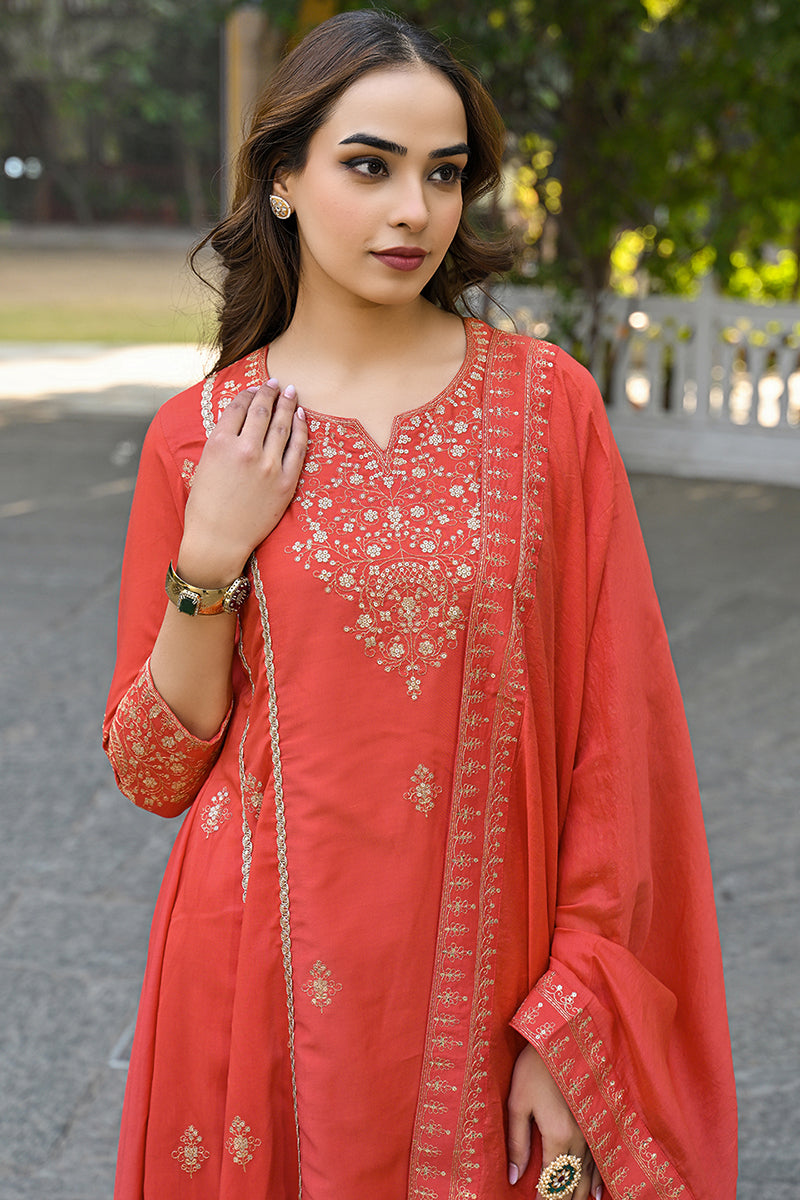 Ahika Orange Silk Blend Solid Embroidered Anarkali Suit Set PKSKD2858 - view 2