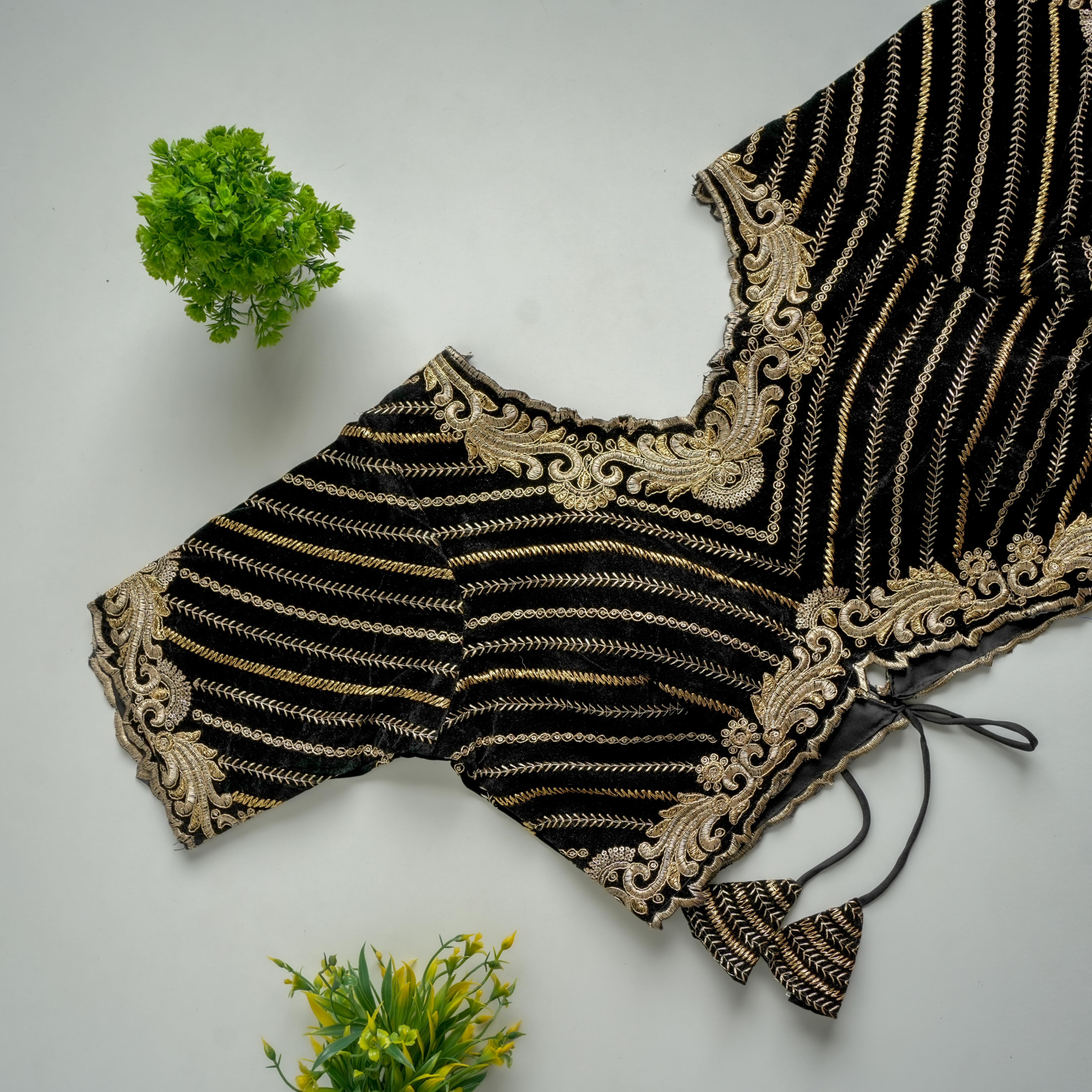 ClothsVilla Black Taffeta Silk Blouse with Golden Embroidery and Sequins