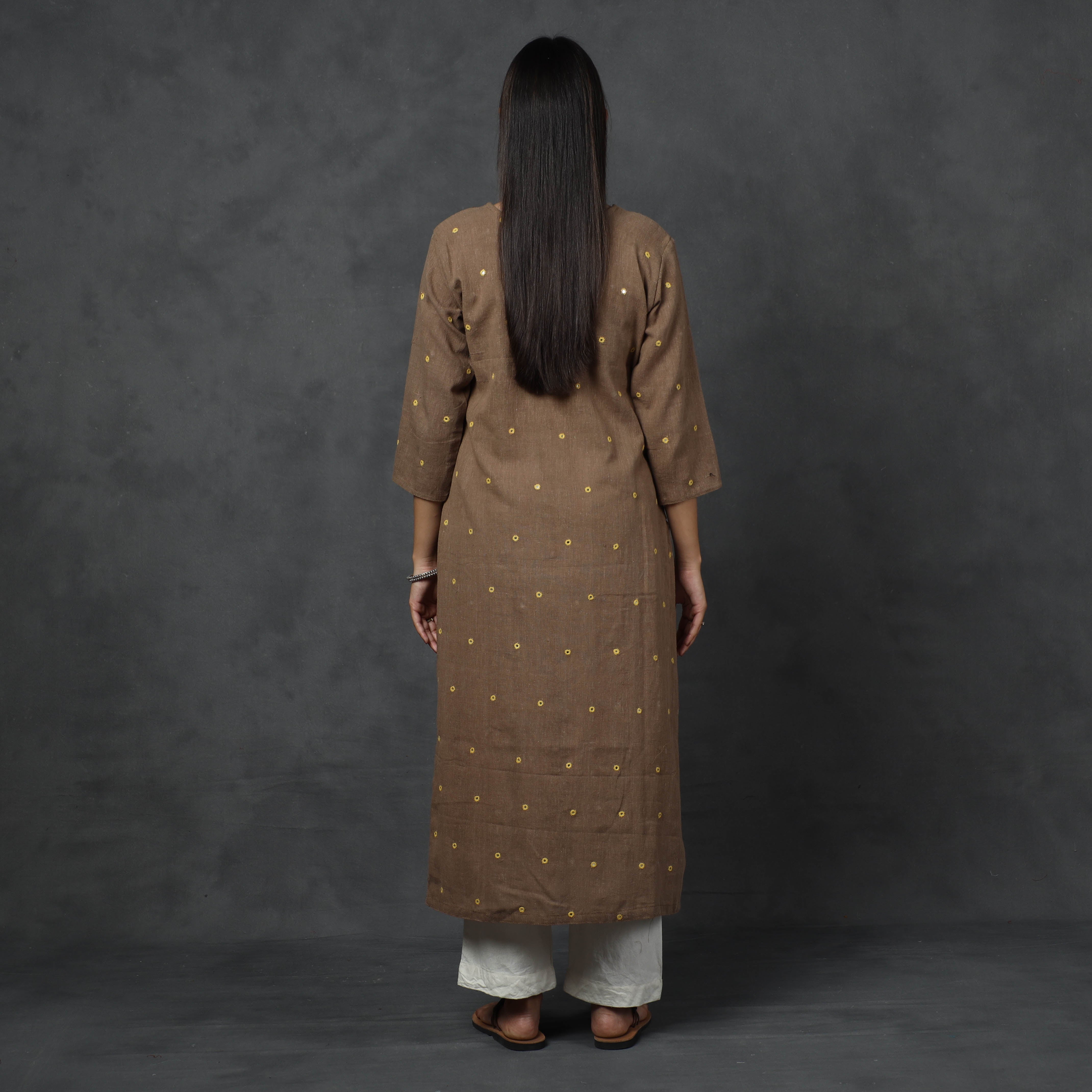 ITOKRI CASUALS Brown - Organic Kala Cotton Handloom Mirror Work Long Kurta - view 6