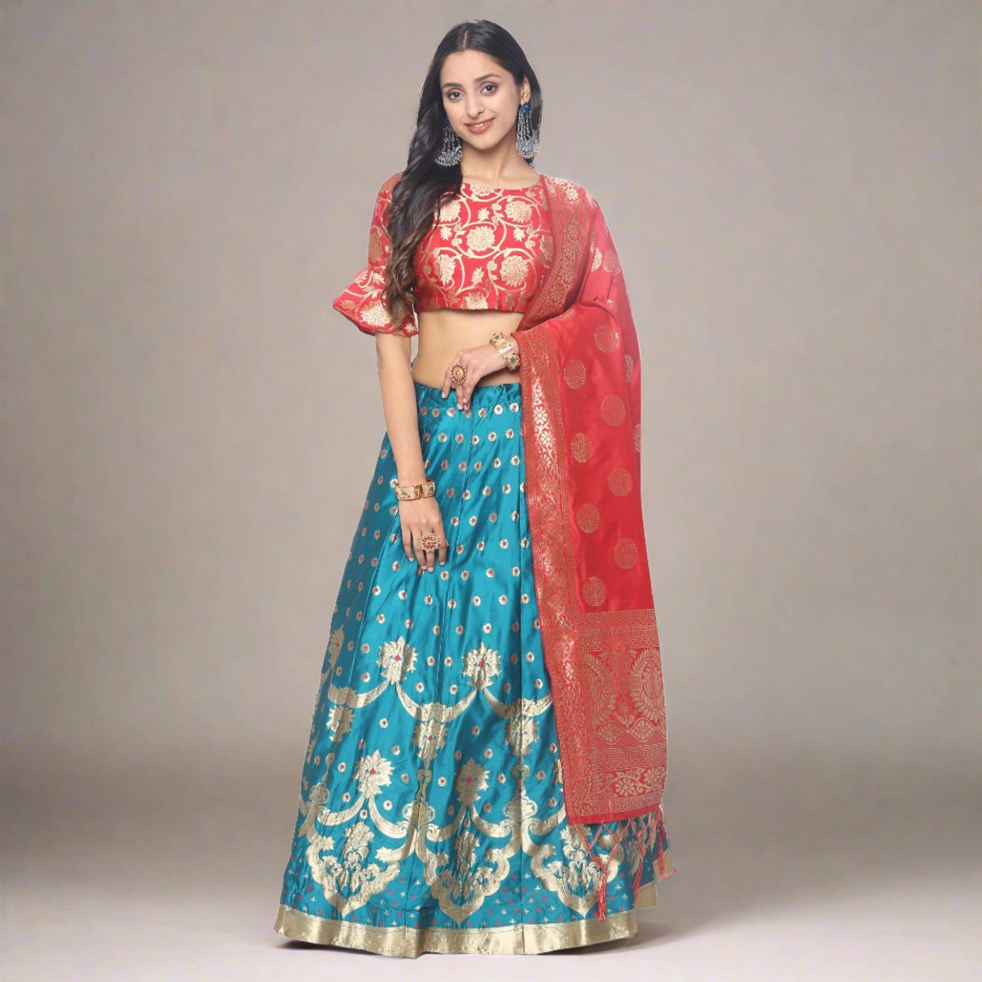 Peachmode Blue-Red Festive Wear Woven Jacquard Lehenga Choli