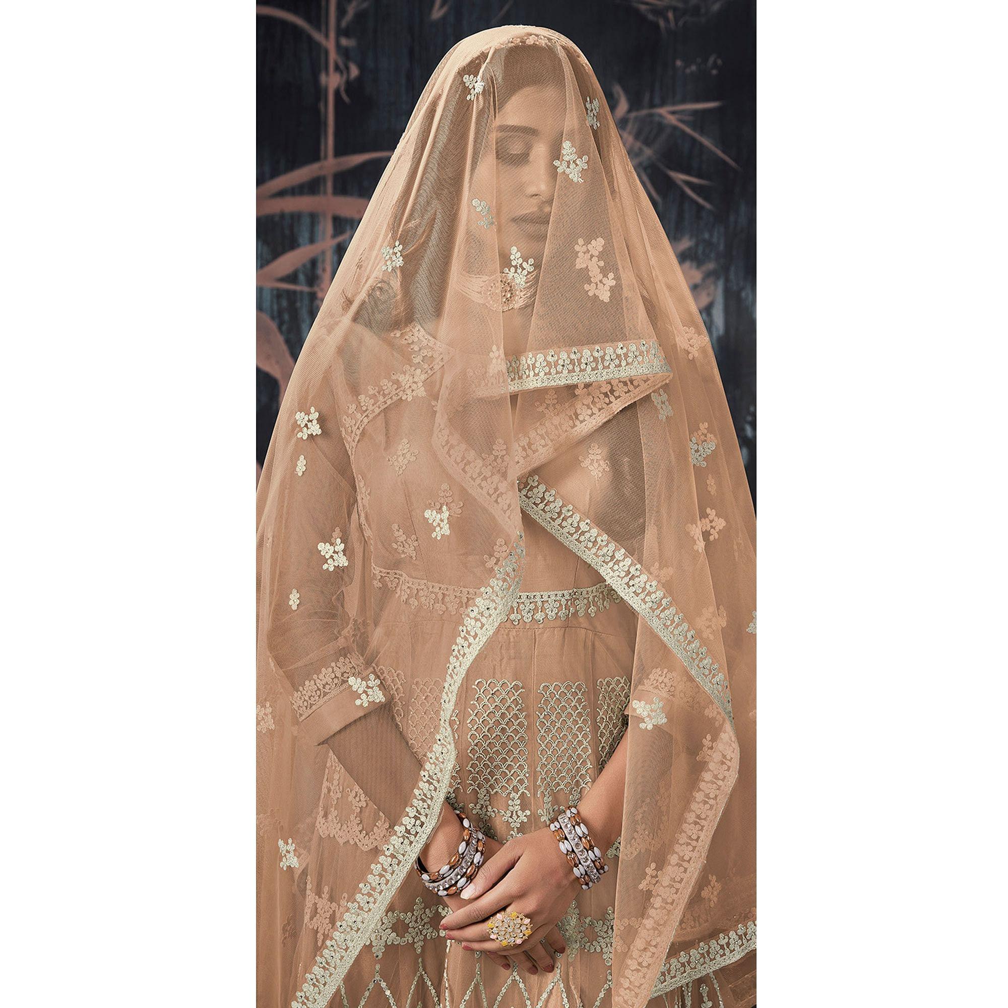 Peachmode Seller Brown Partywear Embroidery With Embellished Net Gown - view 2