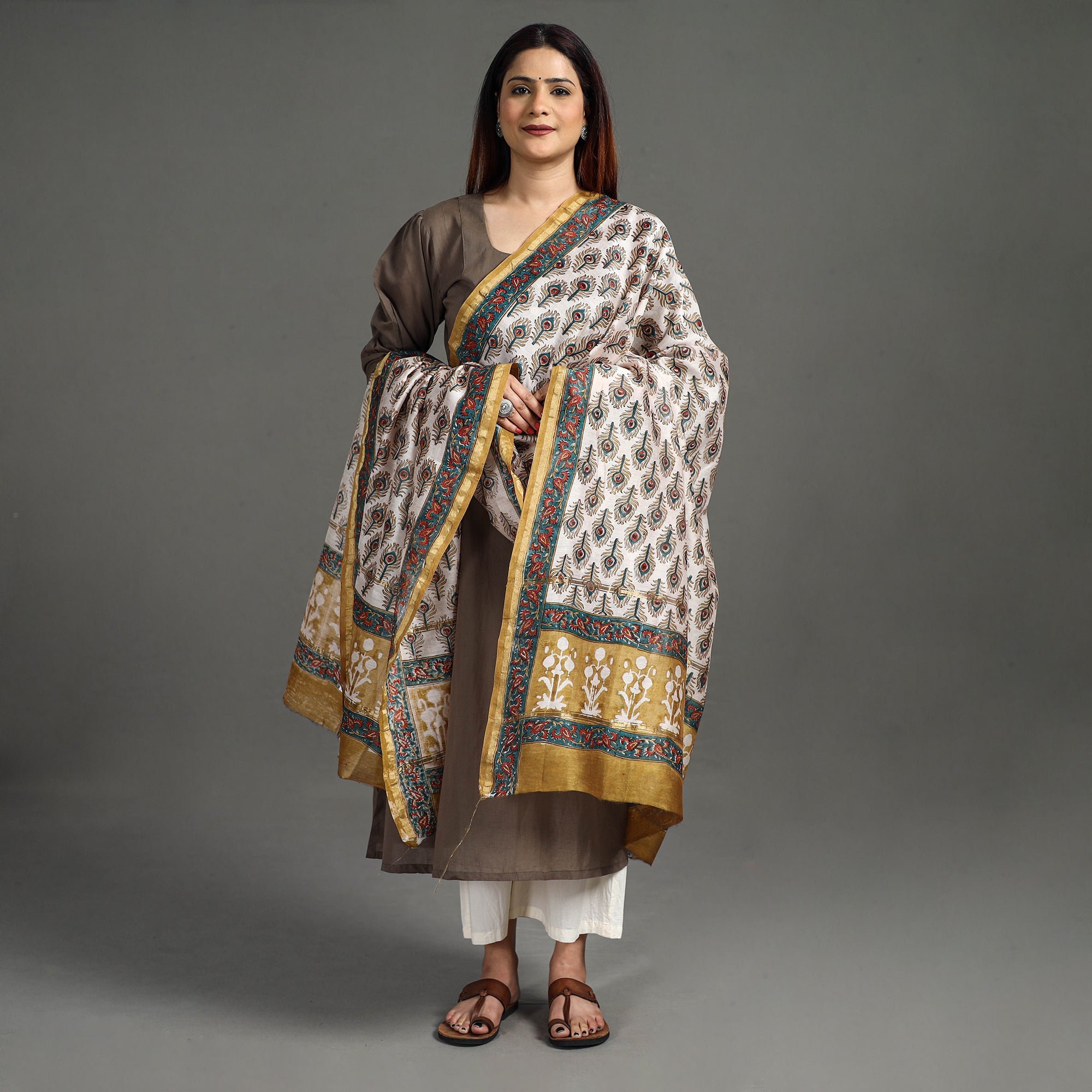 ARTISAN HAND BLOCK PRINTS Brown - Handloom Chanderi Silk Sanganeri Print Dupatta 28 - view 3
