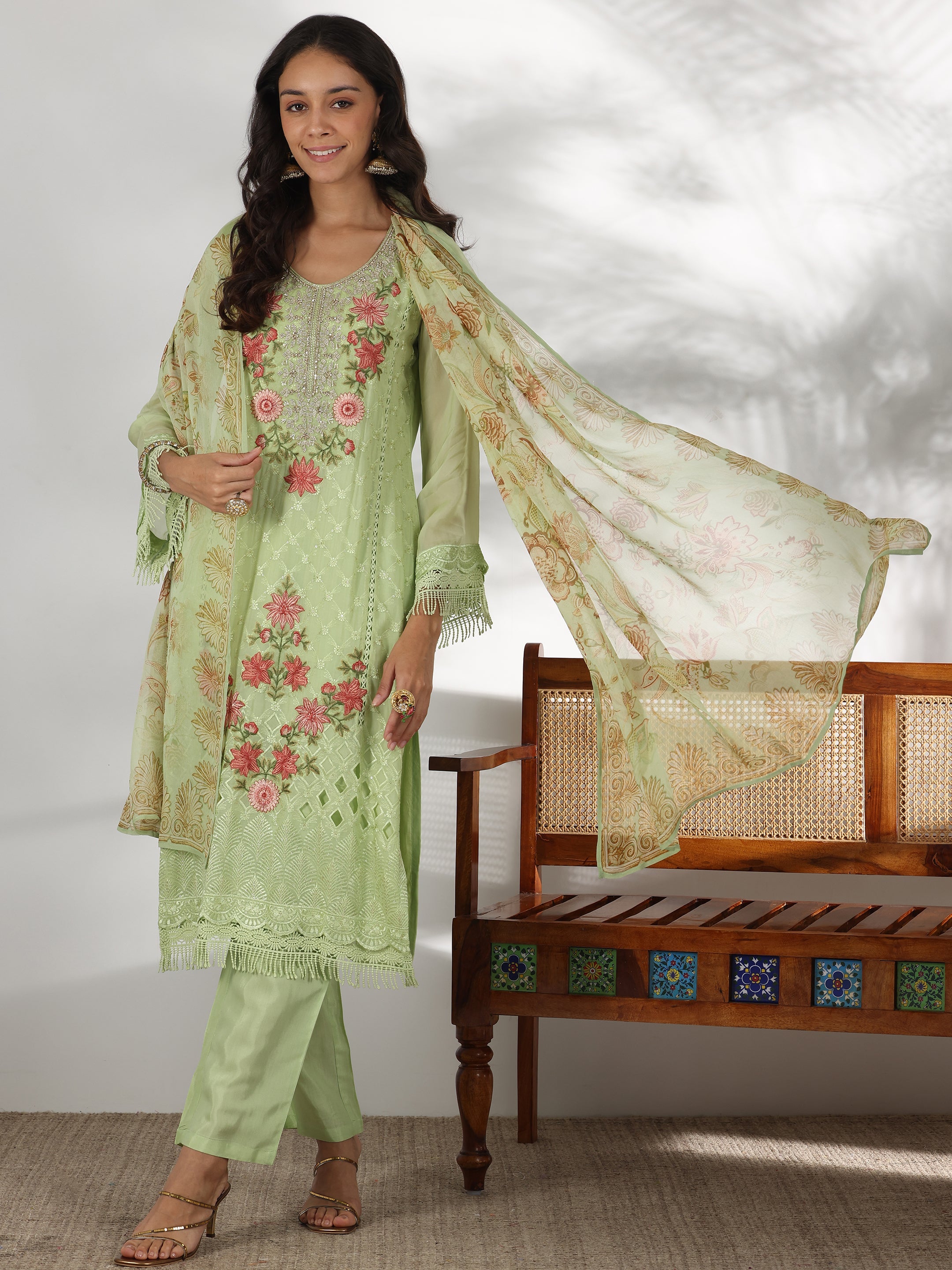 Libas Green Embroidered Organza Straight Suit With Dupatta - view 2