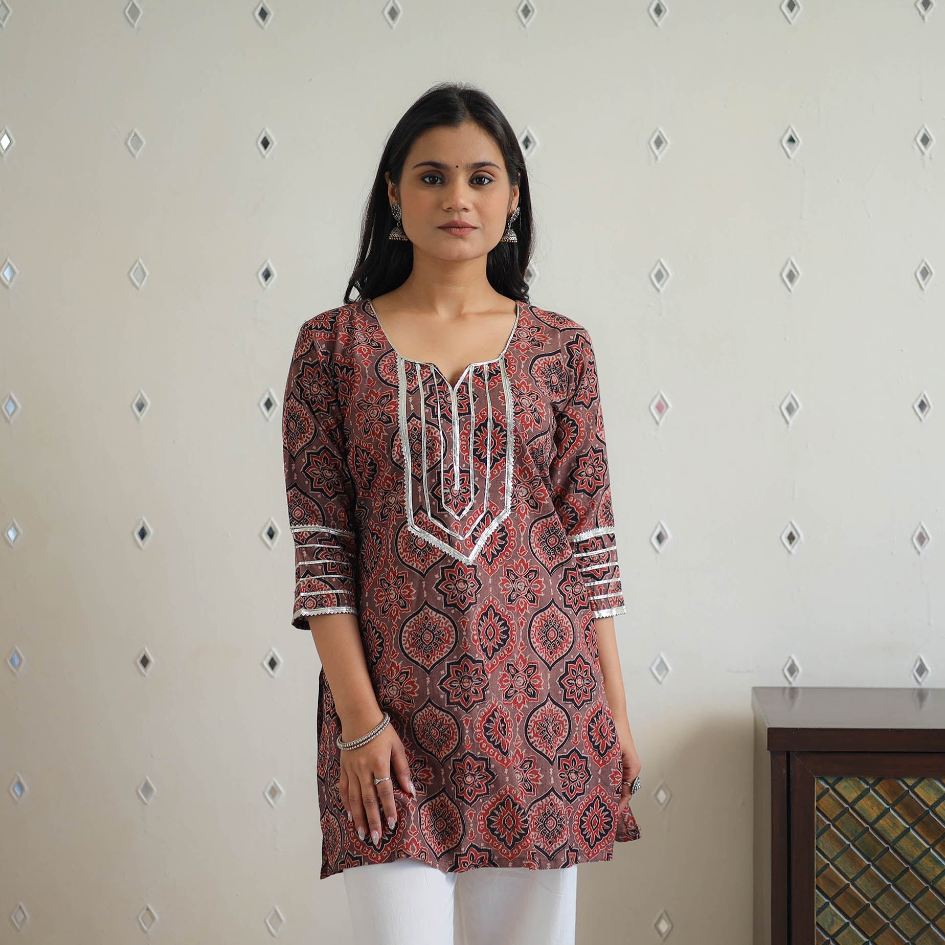 ITOKRI CASUALS Brown - Block Printed Cotton Gota Work Short Ajrakh Kurta 17